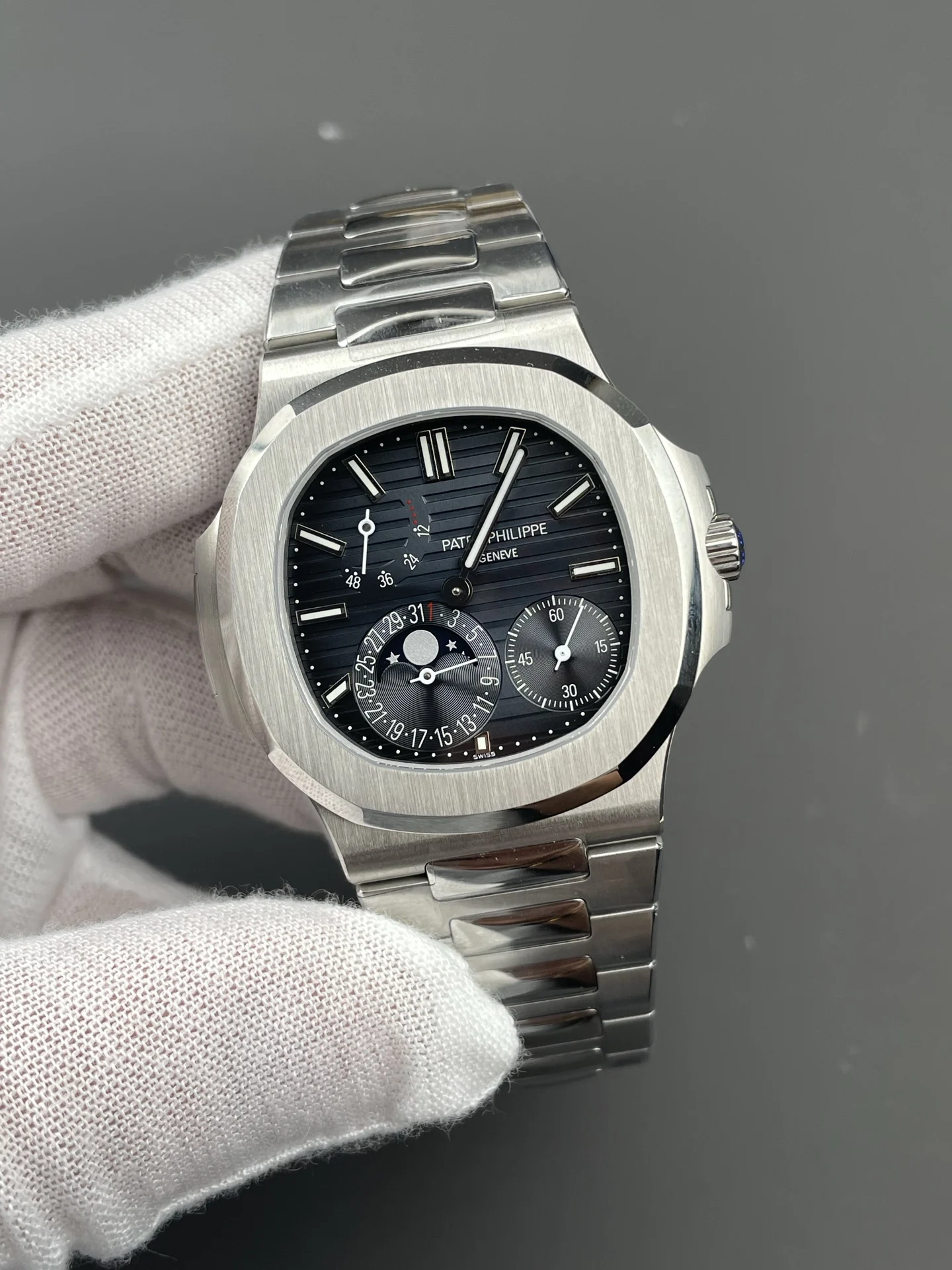 Patek Philippe Nautilus 5712 — photographed off the sweep