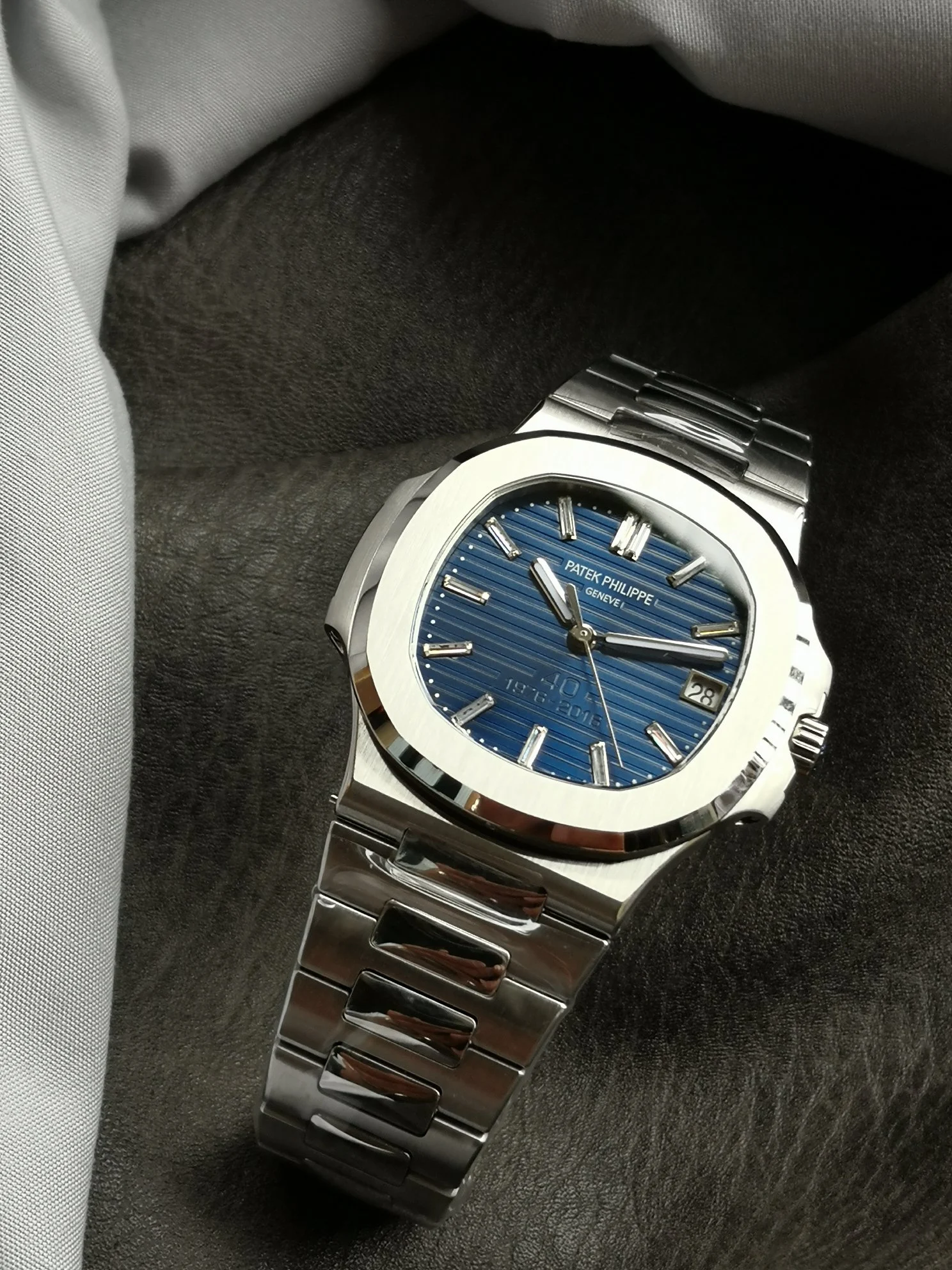 Patek Philippe Nautilus Blue Dial 40mm — photographed off the sweep