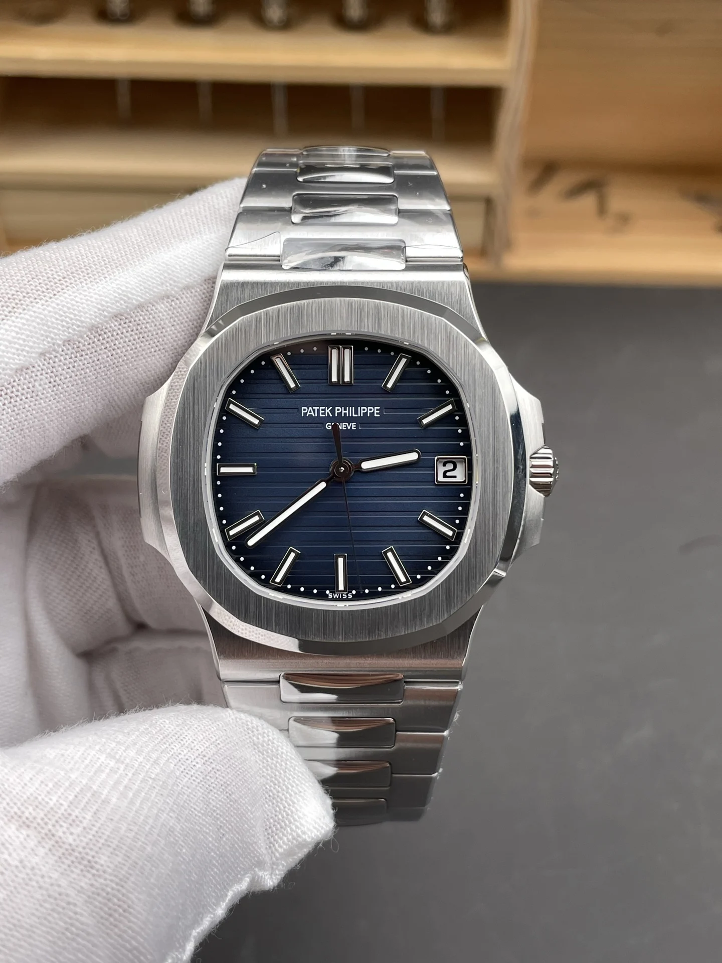 Patek Philippe Nautilus Blue Dial 41mm — photographed off the sweep