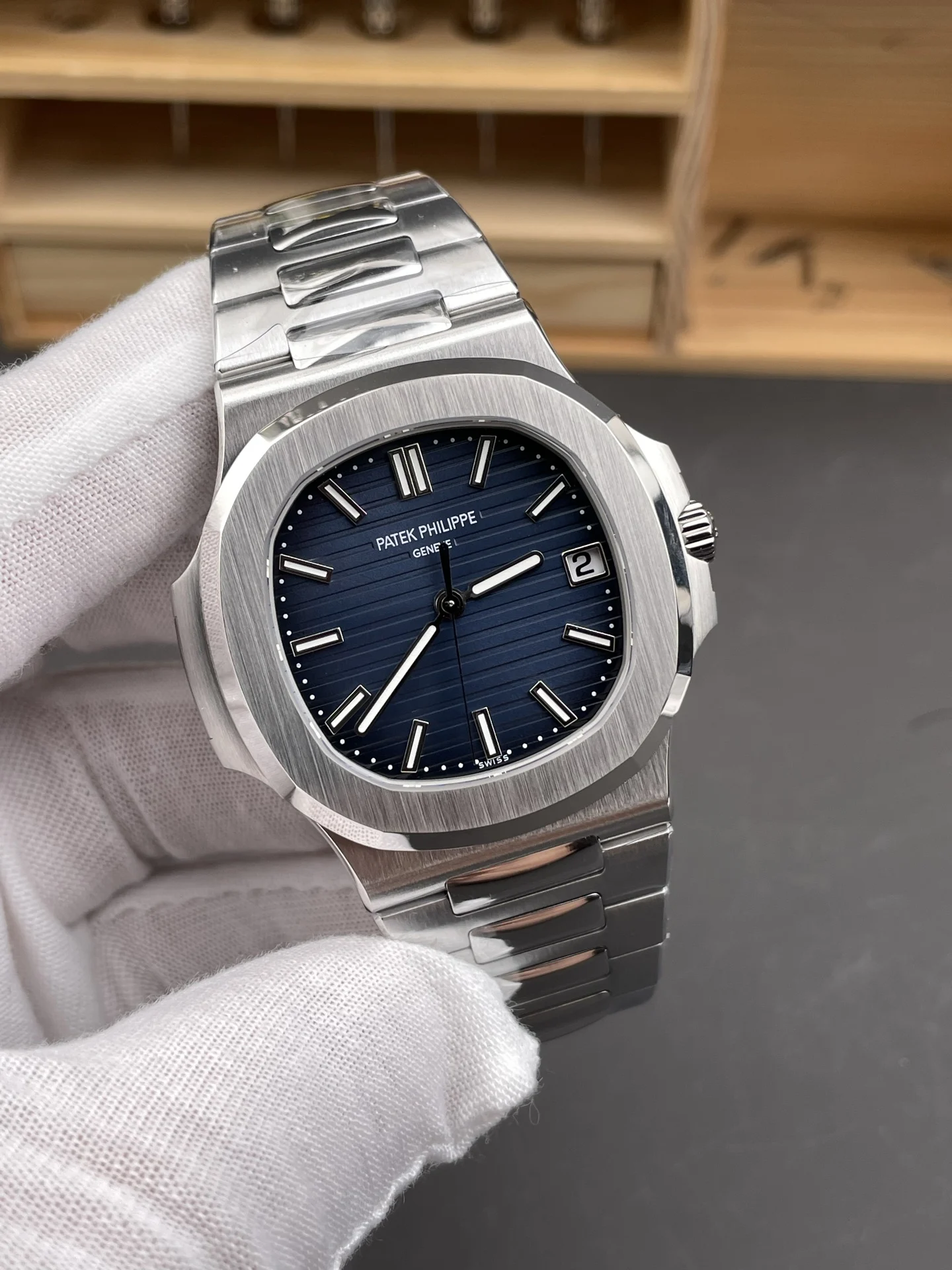 Patek Philippe Nautilus Blue Dial 41mm — photographed off the sweep