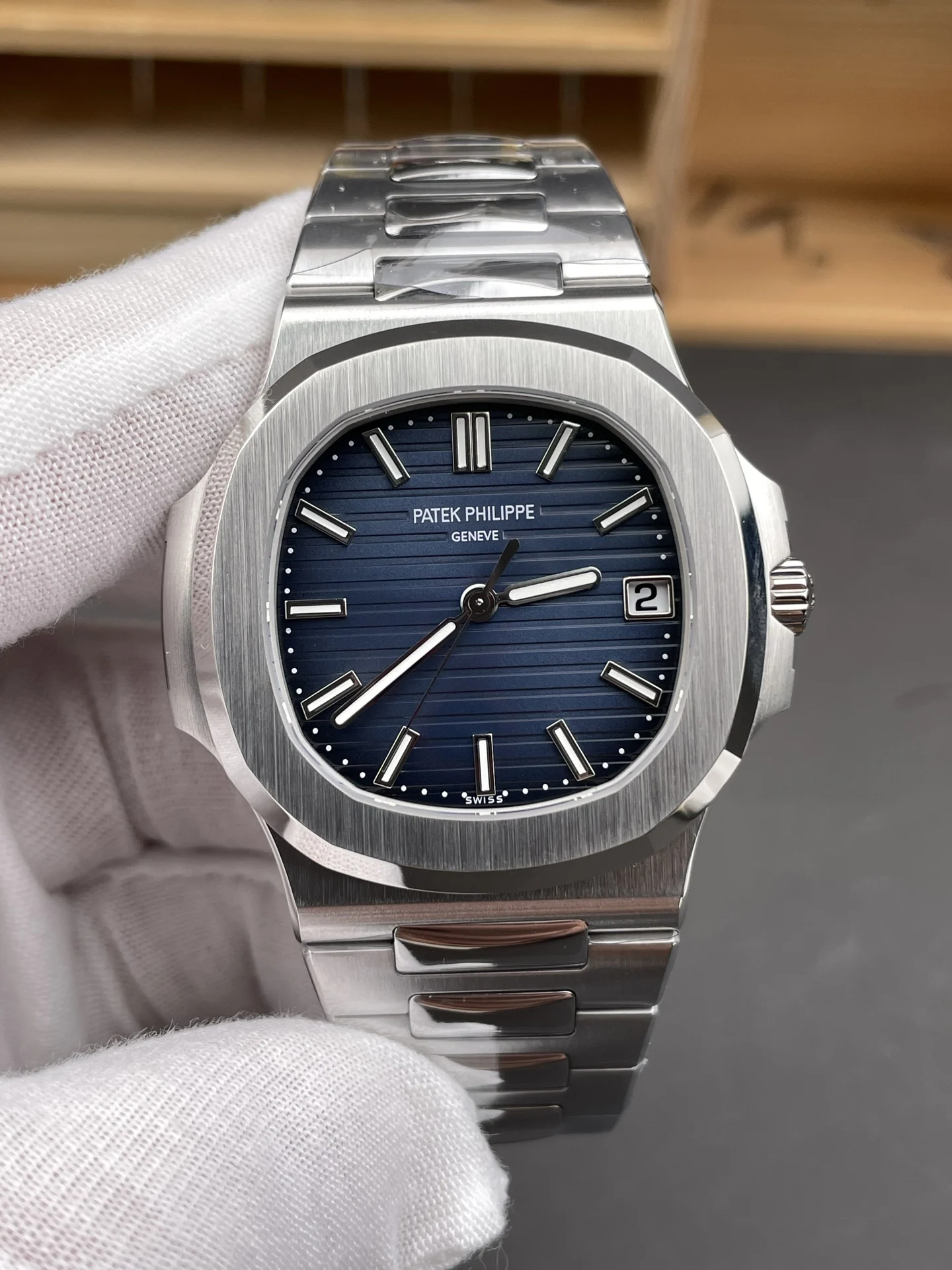Patek Philippe Nautilus Blue Dial 41mm — photographed off the sweep