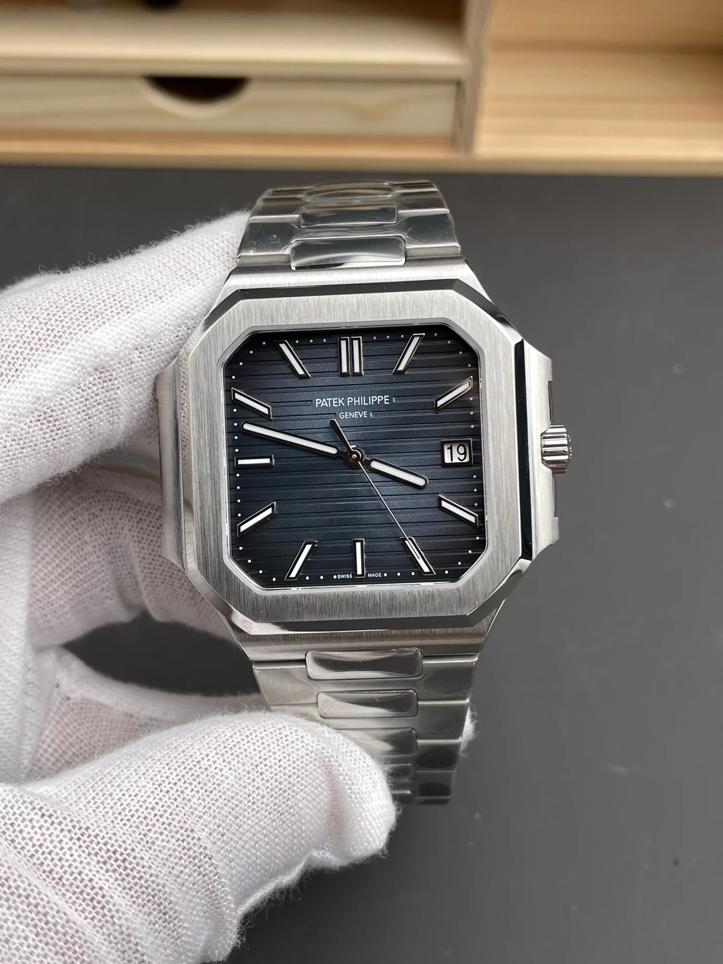 Patek Philippe Nautilus Blue Dial 45mm — photographed off the sweep