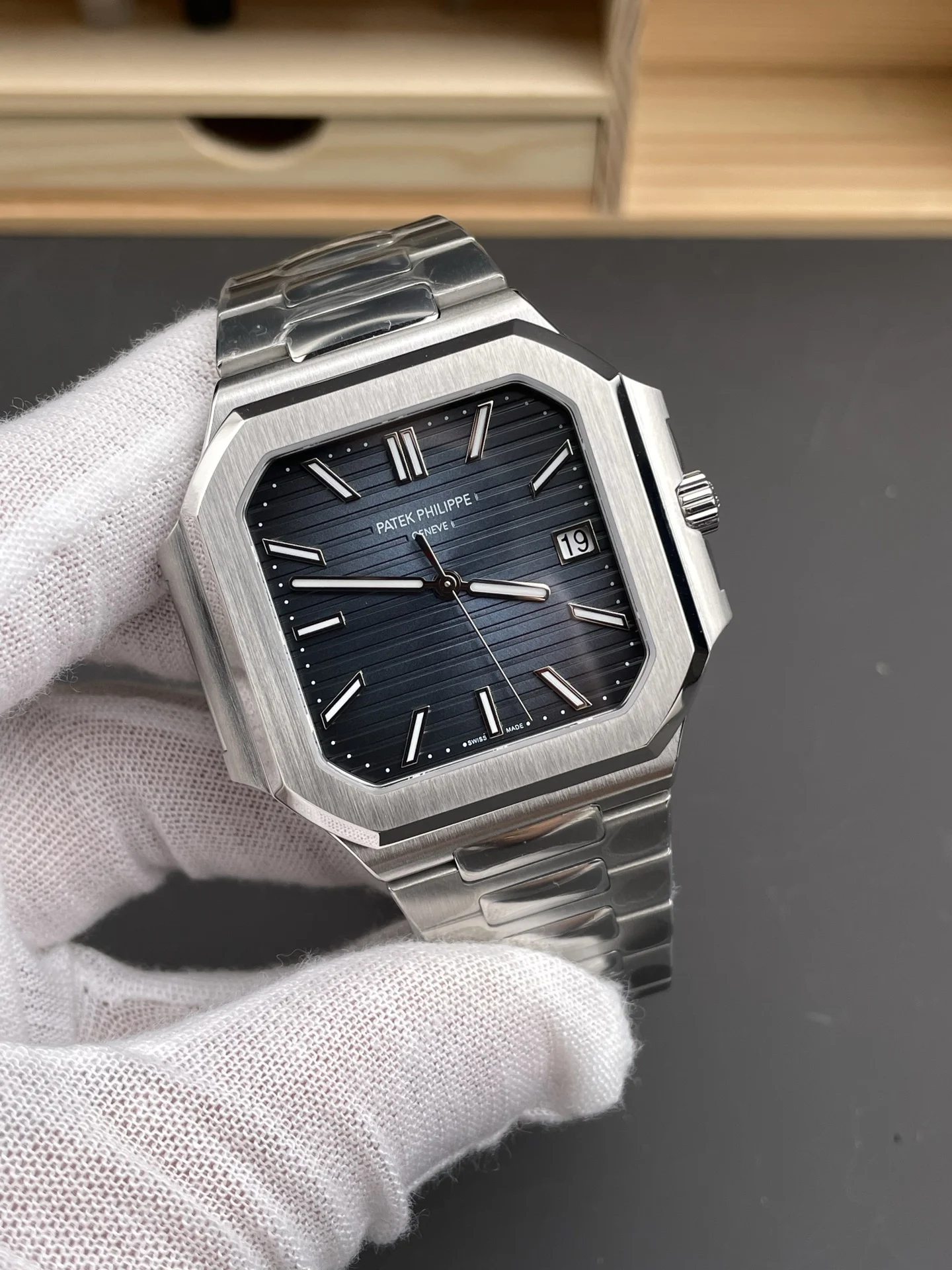 Patek Philippe Nautilus Blue Dial 45mm — photographed off the sweep