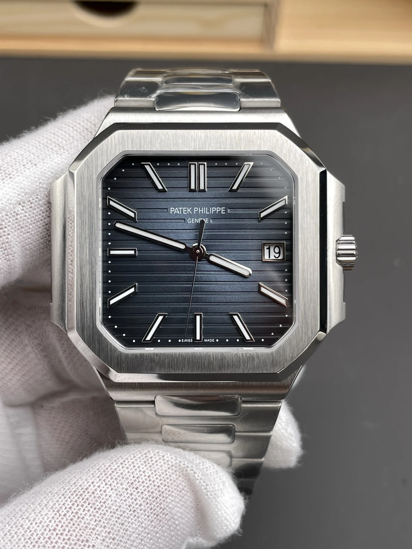 Patek Philippe Nautilus Blue Dial 45mm — photographed off the sweep