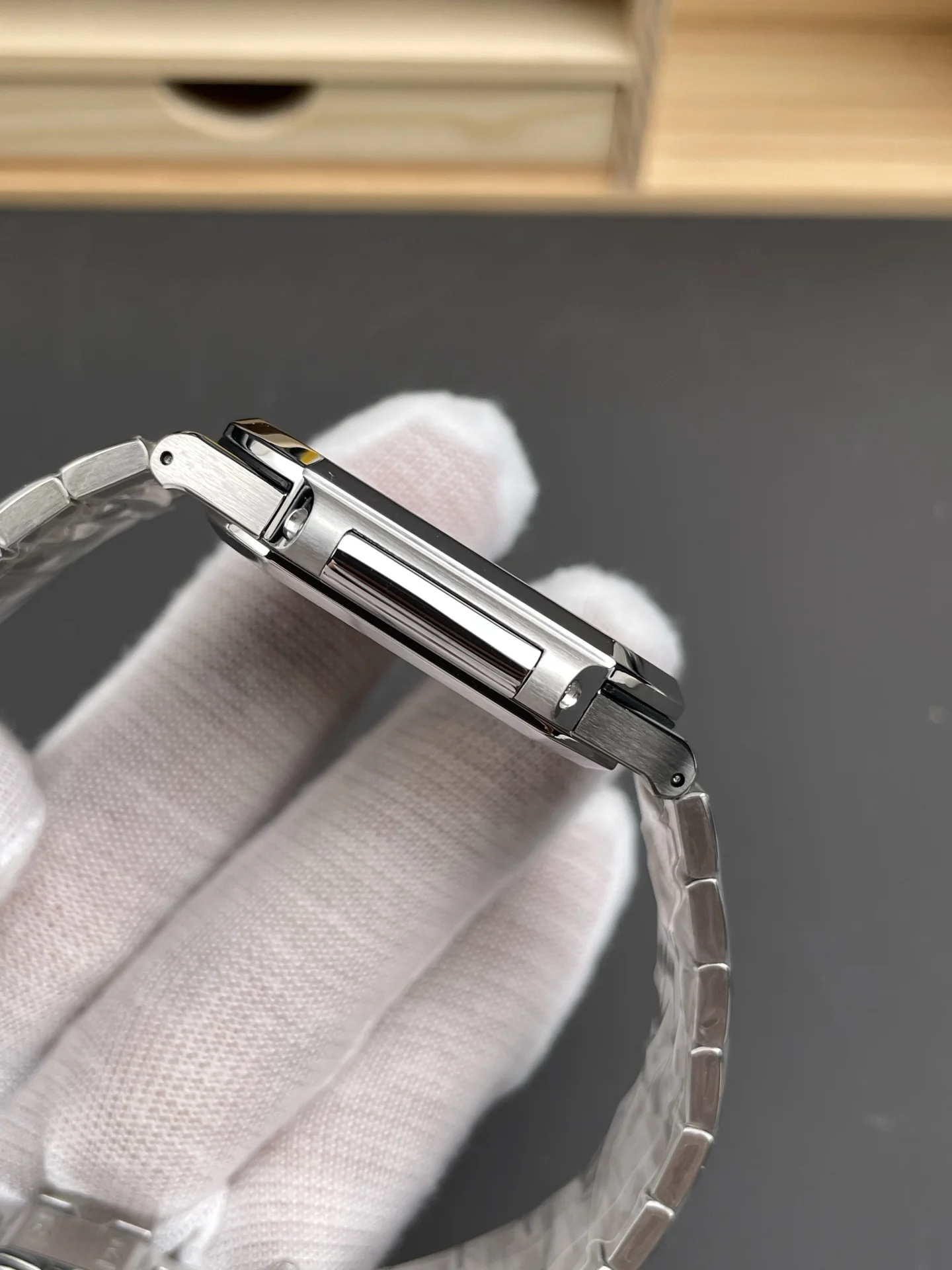 Patek Philippe Nautilus Blue Dial 45mm — photographed off the sweep