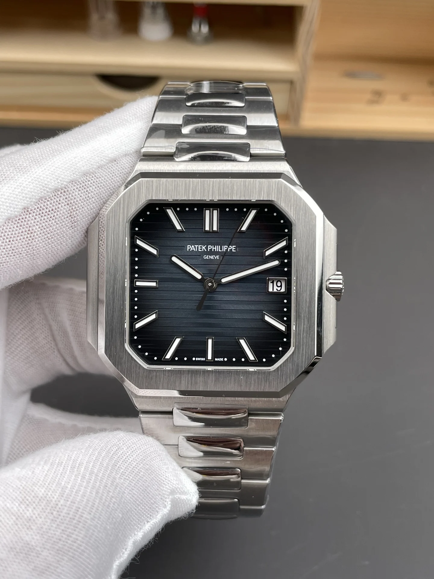 Patek Philippe Nautilus Blue Dial 45mm — photographed off the sweep