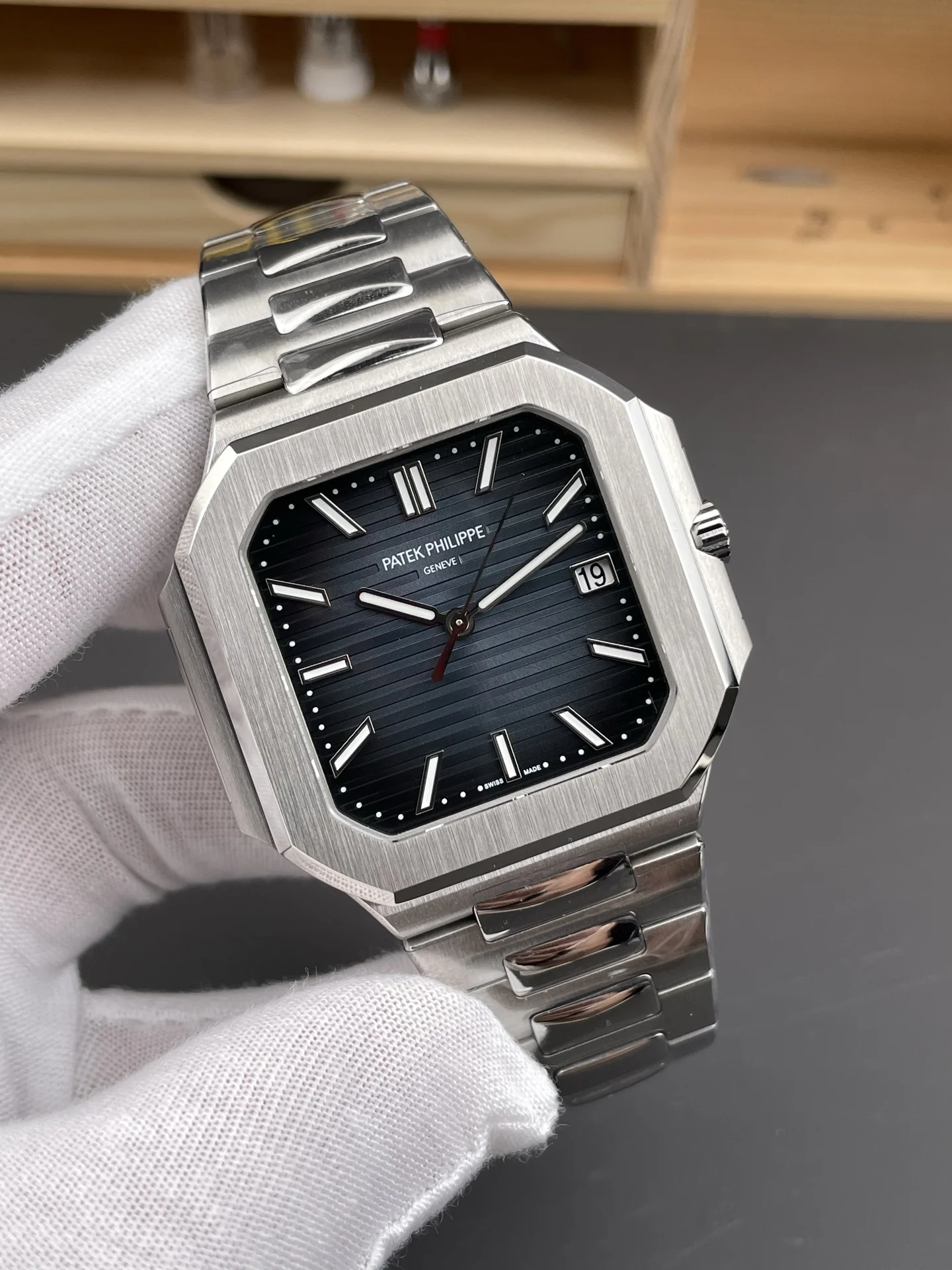 Patek Philippe Nautilus Blue Dial 45mm — photographed off the sweep