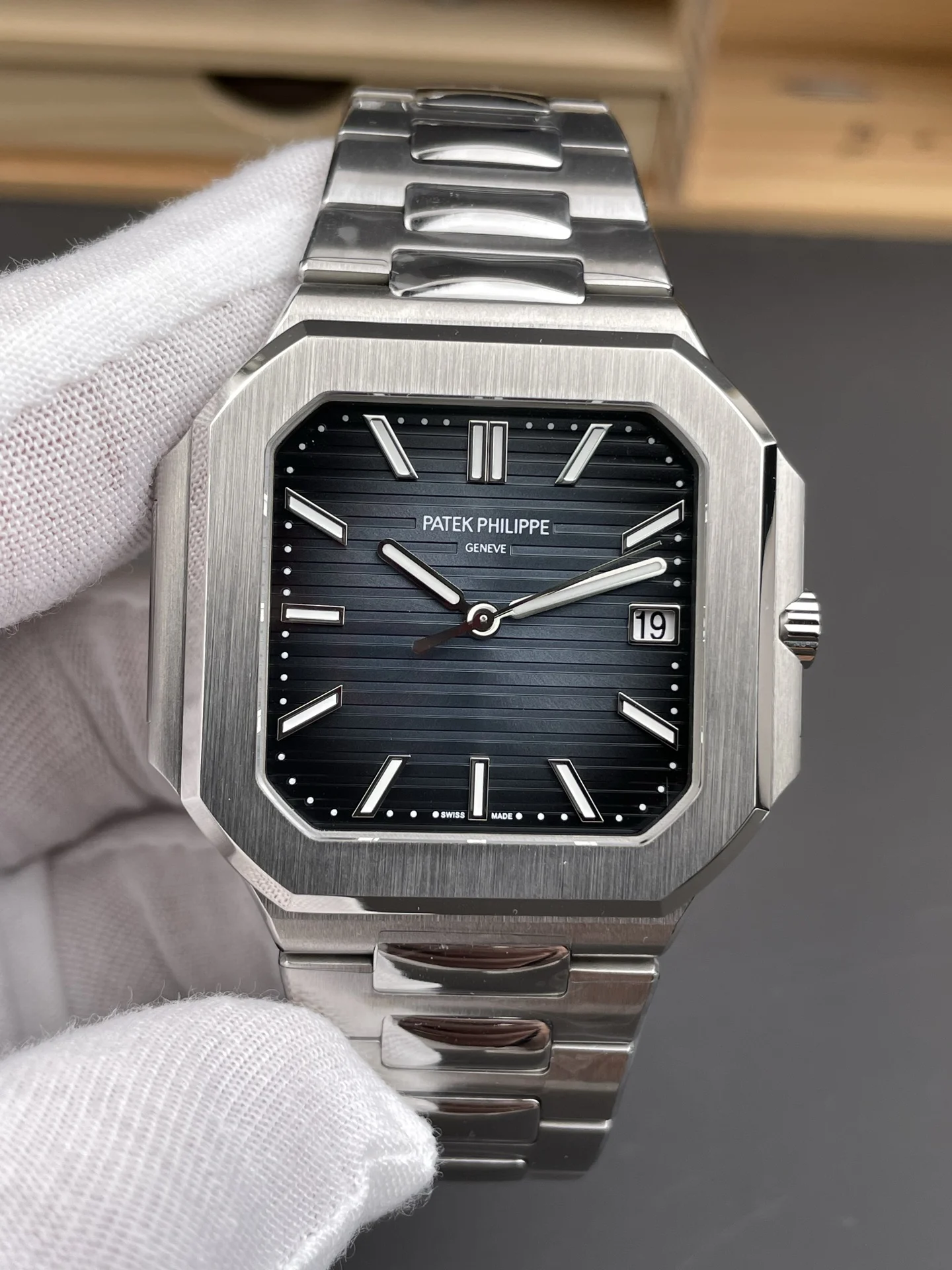 Patek Philippe Nautilus Blue Dial 45mm — photographed off the sweep