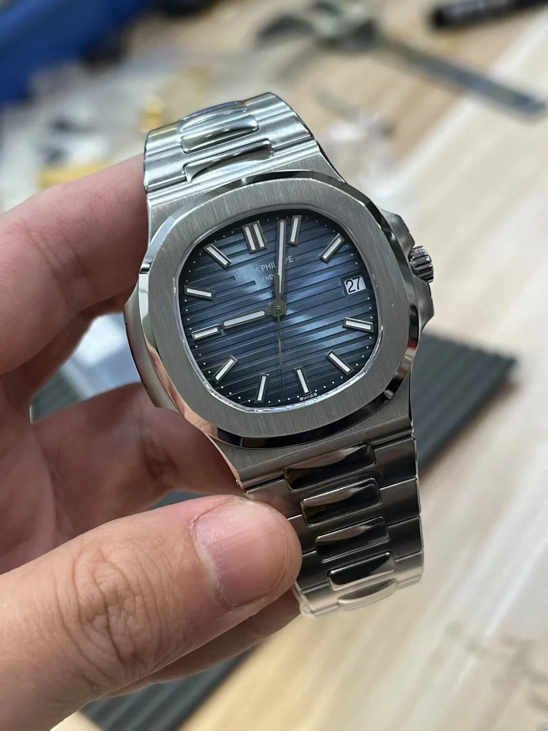 Patek Philippe Nautilus Blue Dial 5711 — photographed off the sweep
