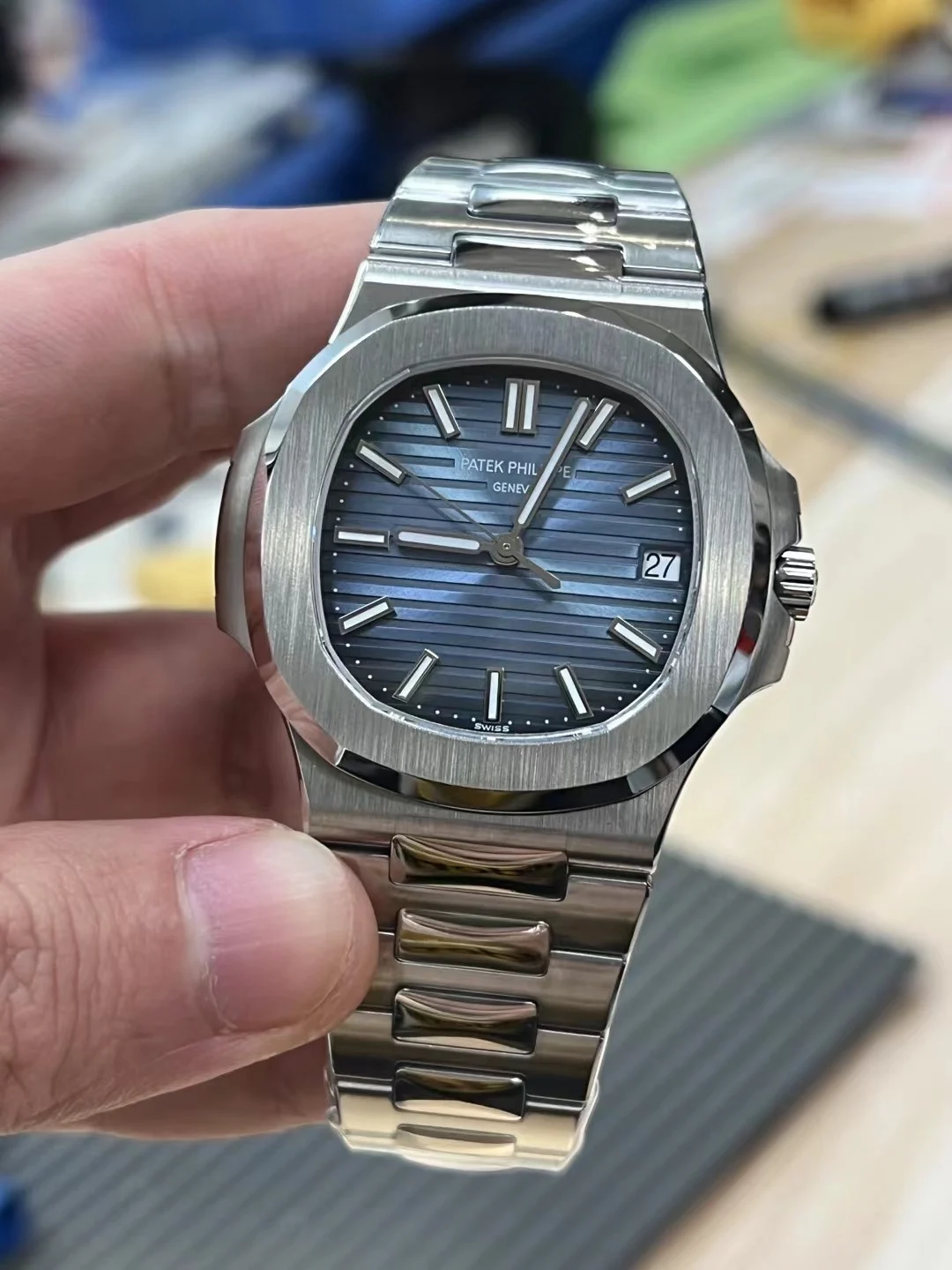 Patek Philippe Nautilus Blue Dial 5711 — photographed off the sweep