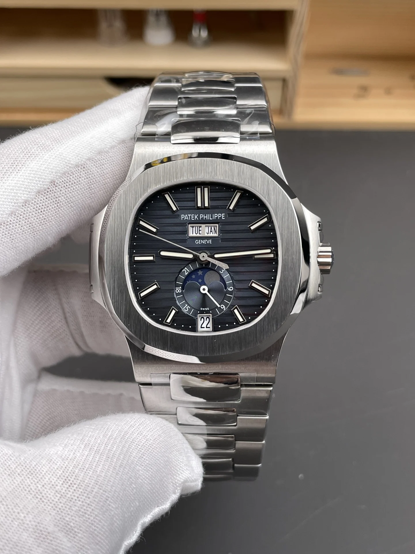 Patek Philippe Nautilus Blue Dial 5726 — photographed off the sweep