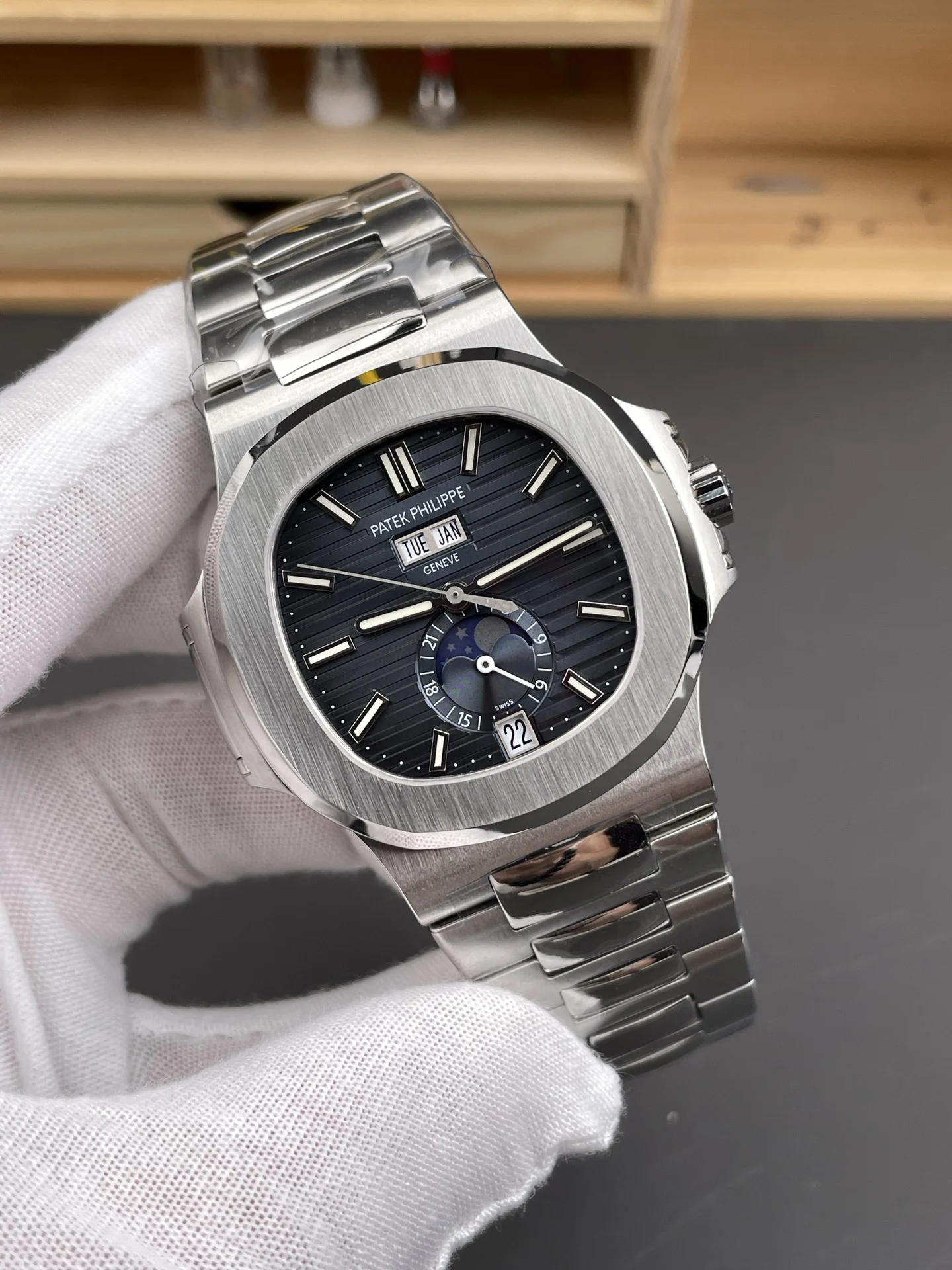 Patek Philippe Nautilus Blue Dial 5726 — photographed off the sweep