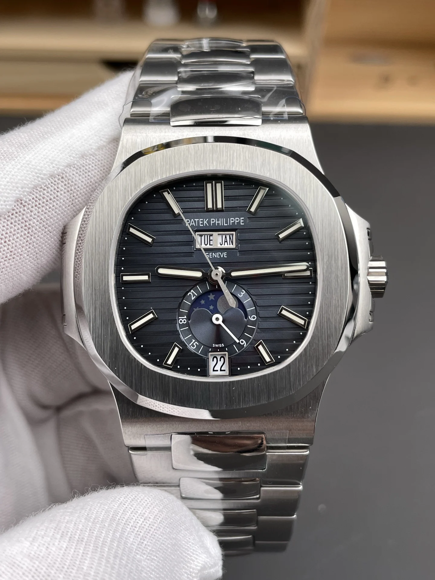 Patek Philippe Nautilus Blue Dial 5726 — photographed off the sweep