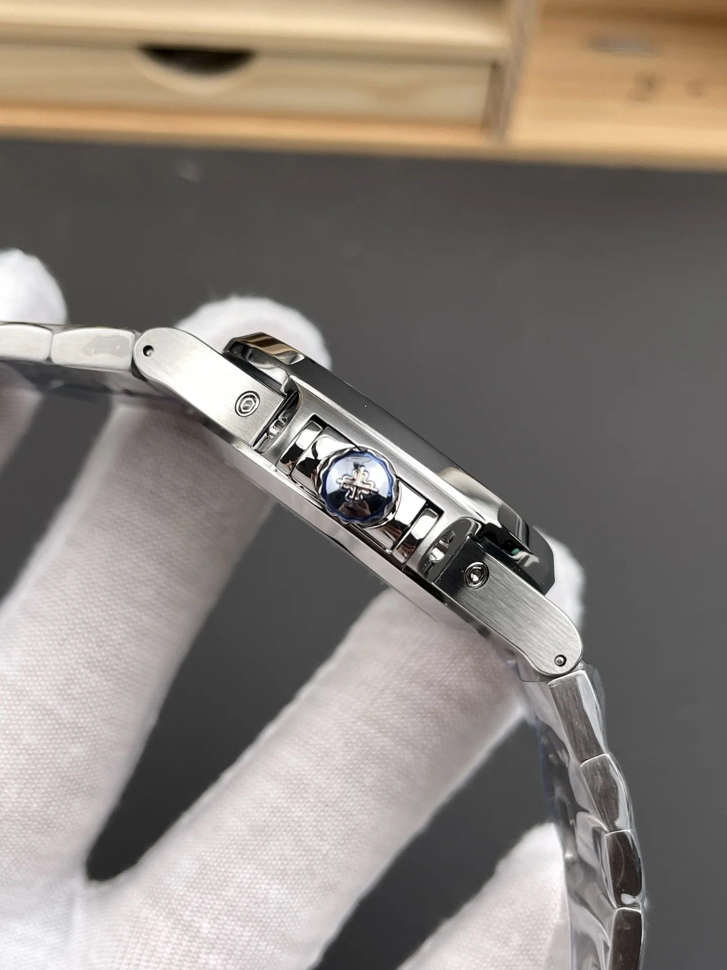 Patek Philippe Nautilus Blue Dial 5726 — photographed off the sweep