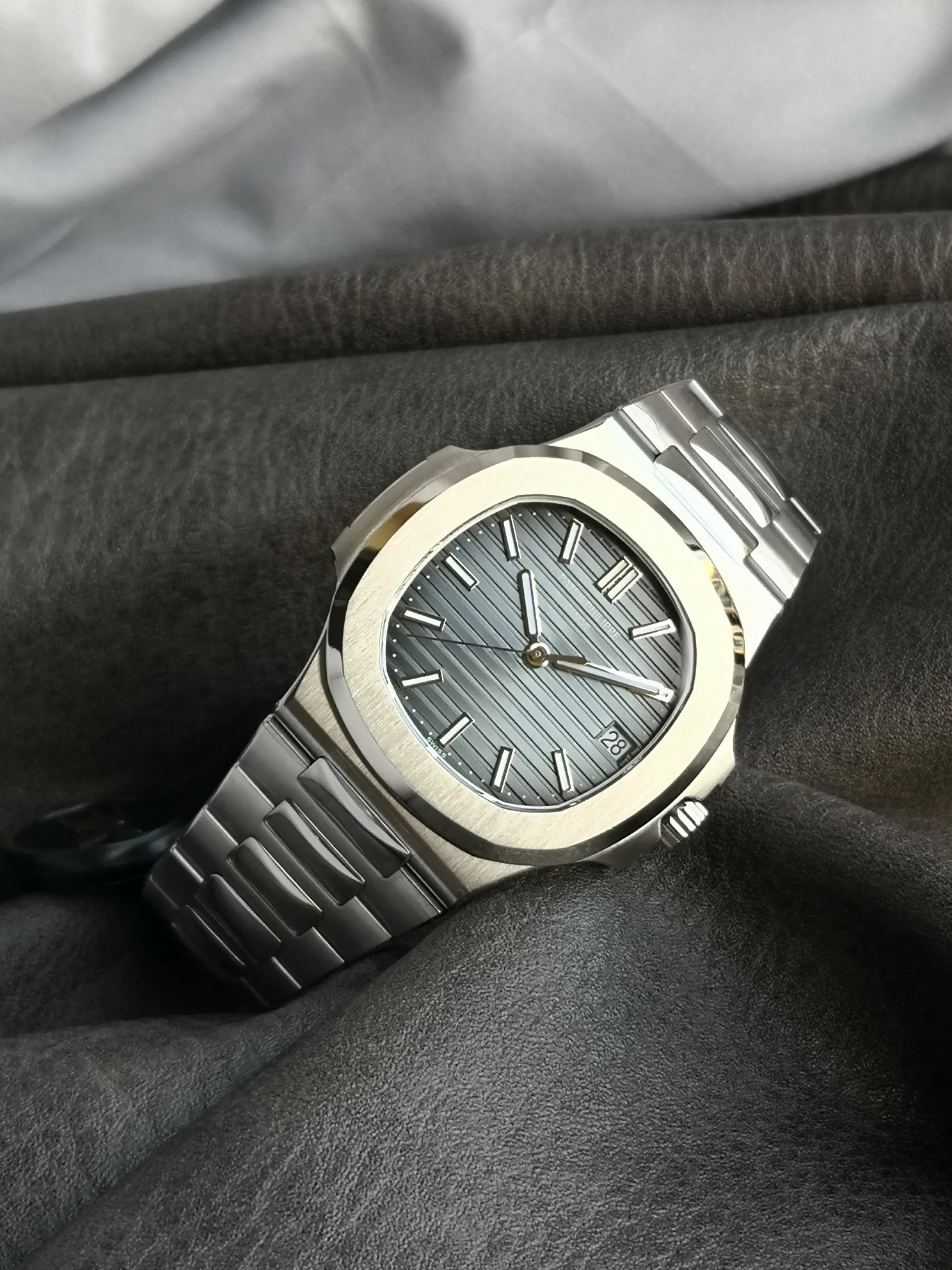 Patek Philippe Nautilus Blue Dial — photographed off the sweep
