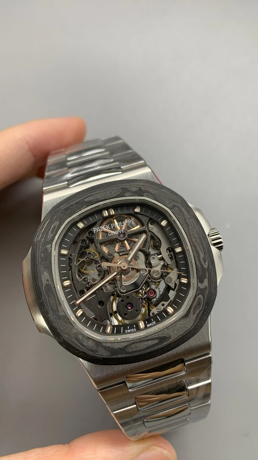 Patek Philippe Nautilus Carbon — photographed off the sweep