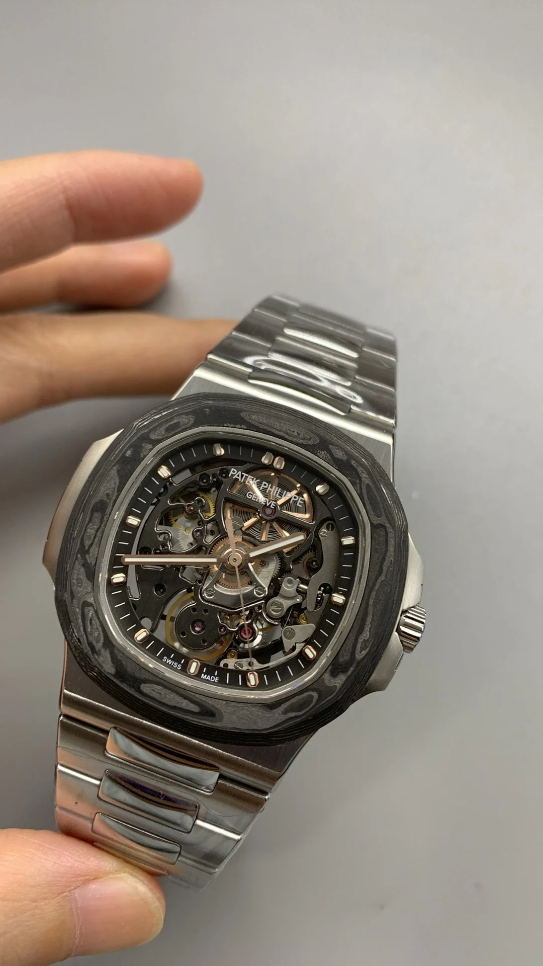 Patek Philippe Nautilus Carbon — photographed off the sweep