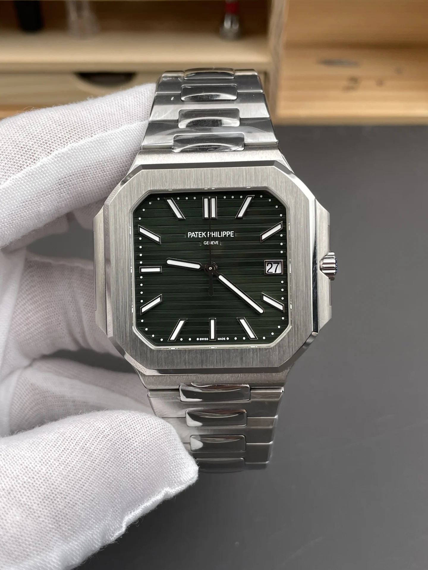 Patek Philippe Nautilus Green Dial 45mm — photographed off the sweep