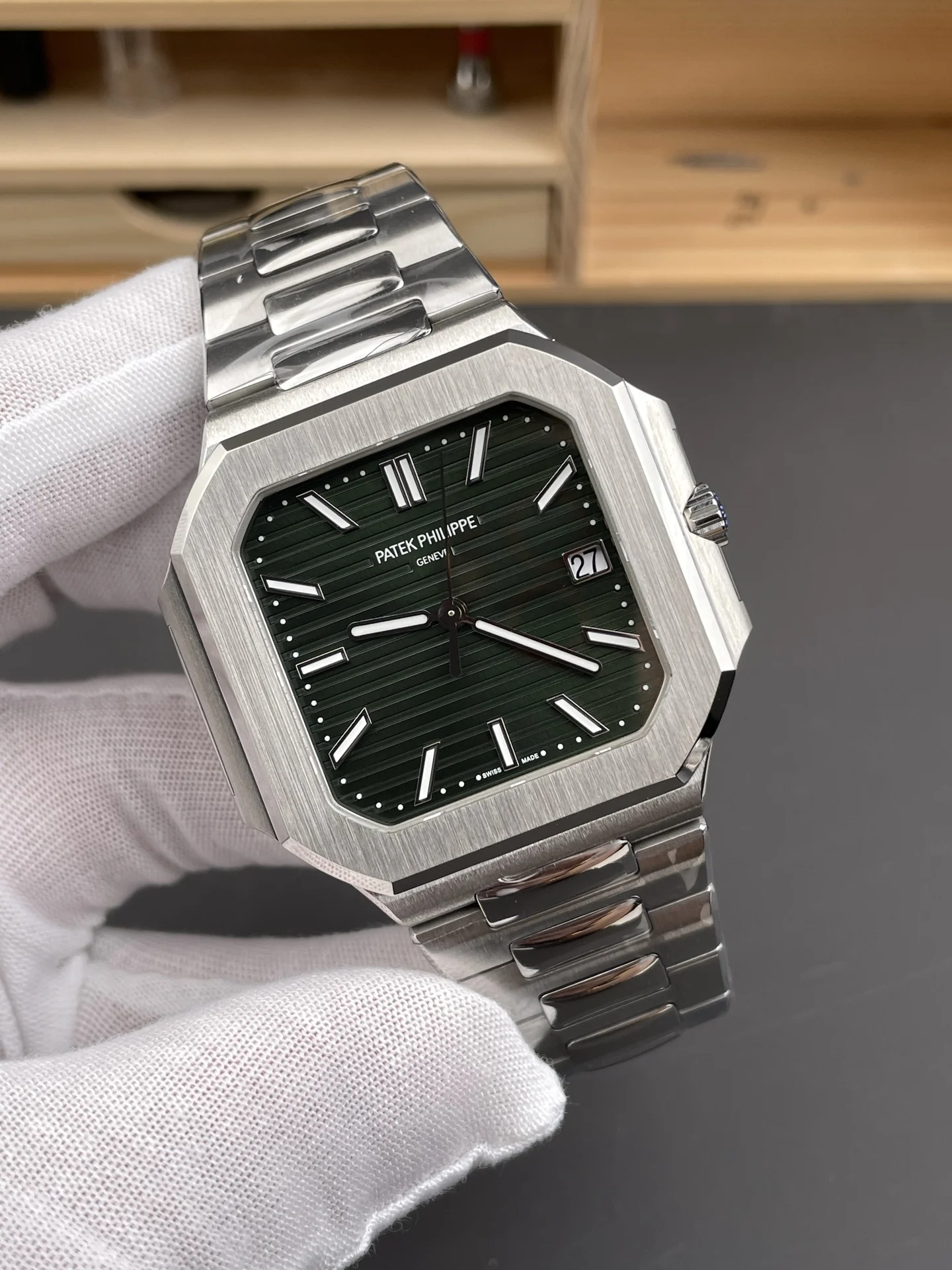 Patek Philippe Nautilus Green Dial 45mm — photographed off the sweep