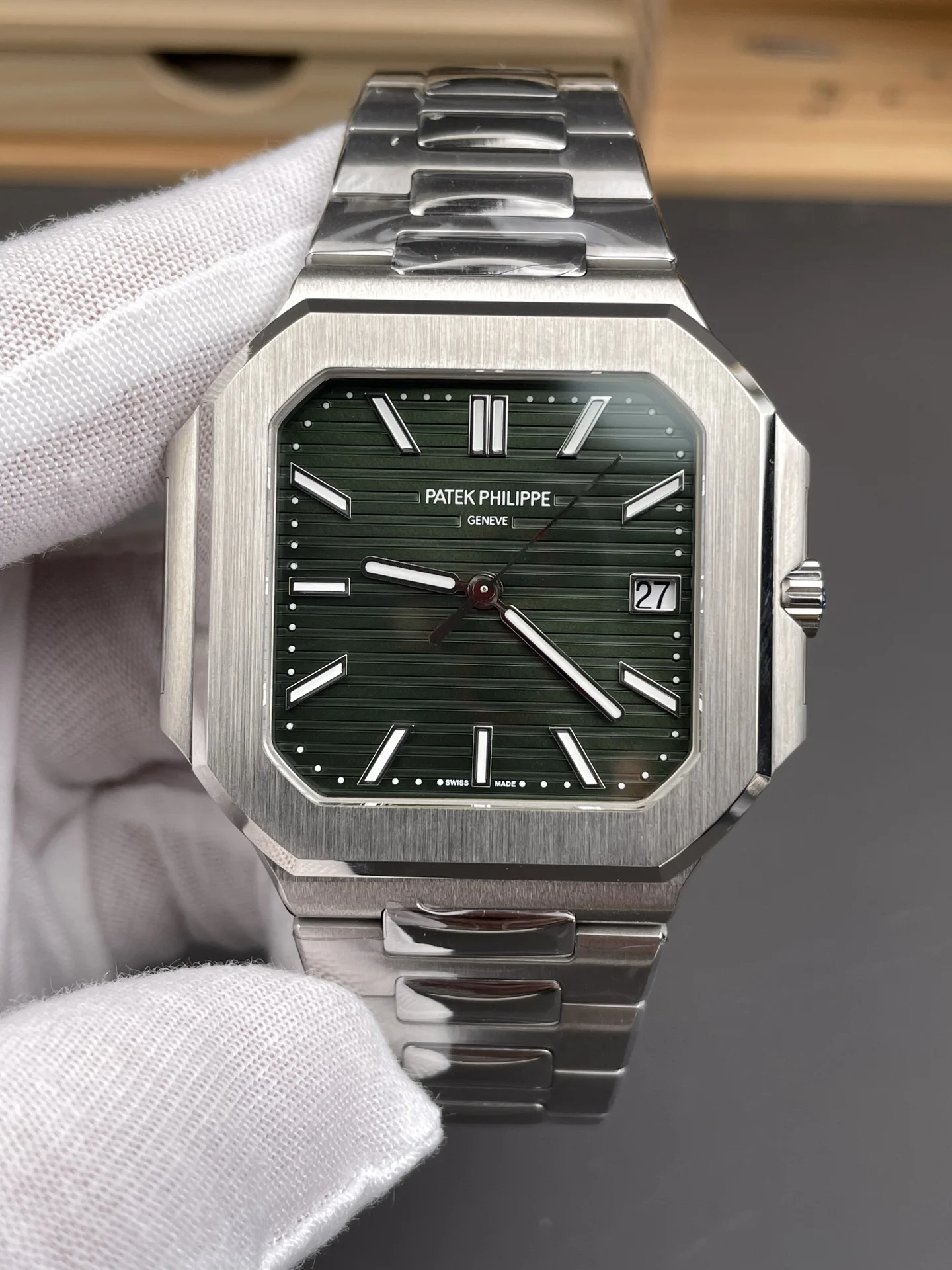 Patek Philippe Nautilus Green Dial 45mm — photographed off the sweep