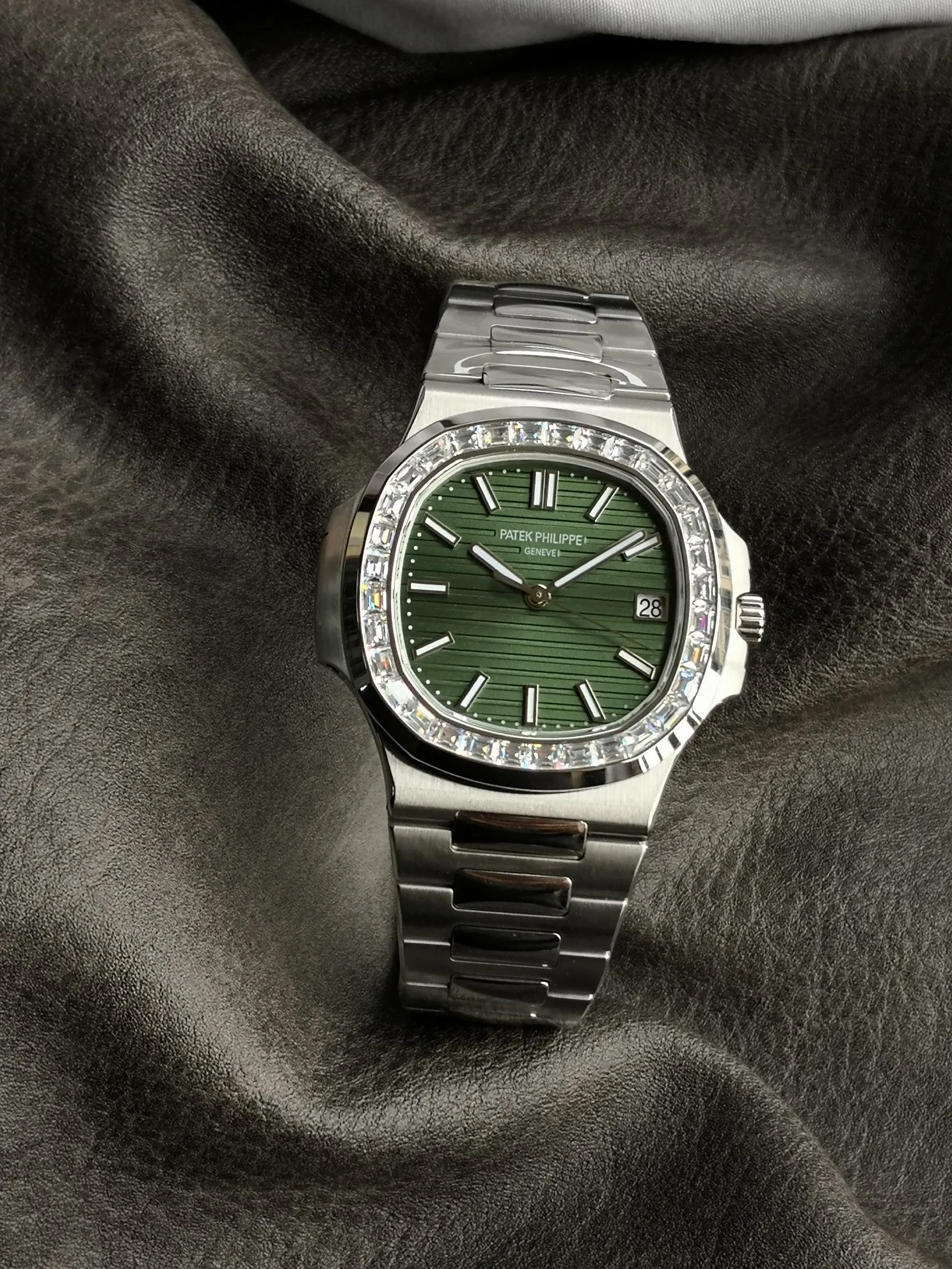 Patek Philippe Nautilus Green Dial Diamond-Set 40mm — photographed off the sweep