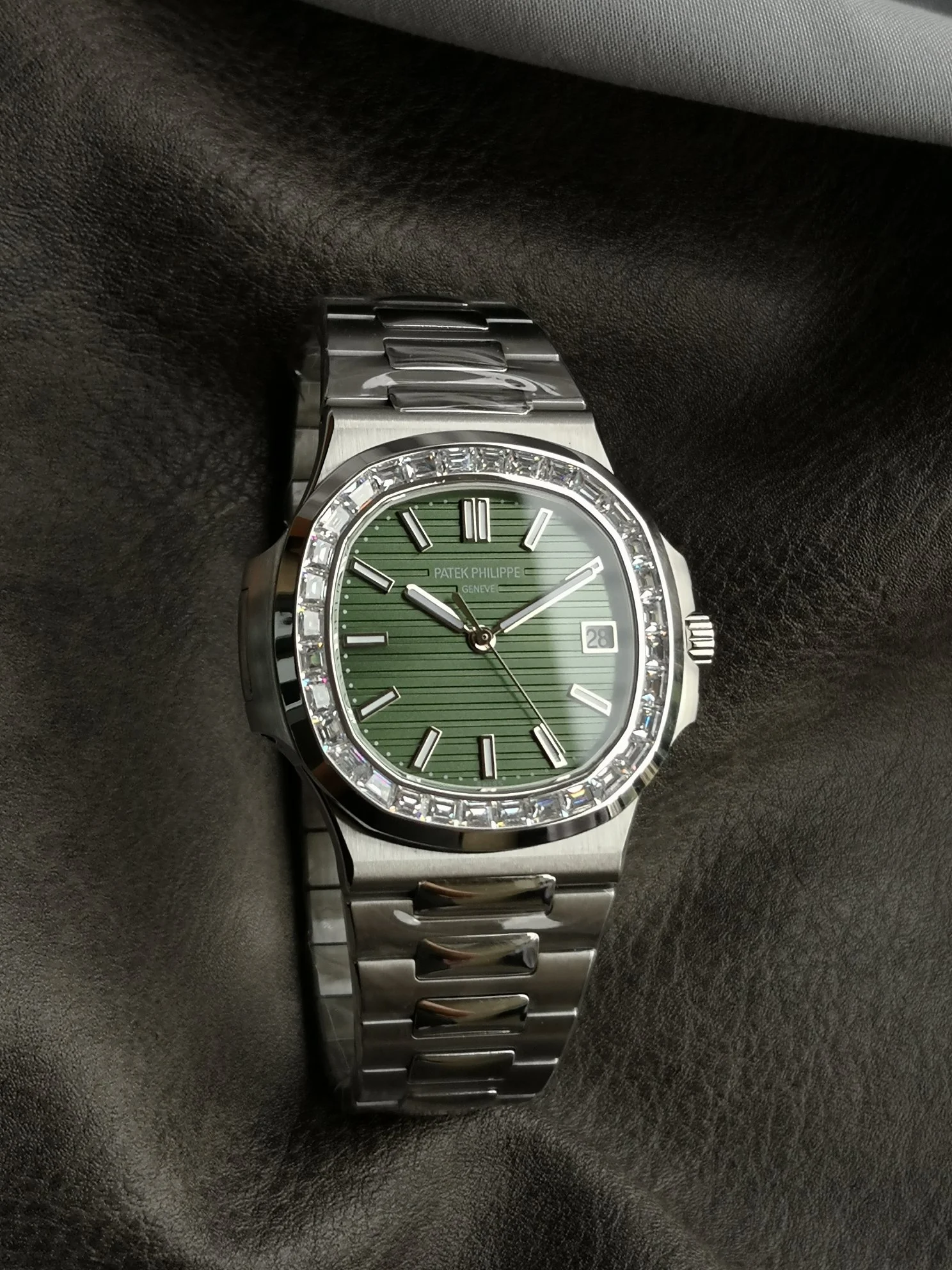 Patek Philippe Nautilus Green Dial Diamond-Set 40mm — photographed off the sweep