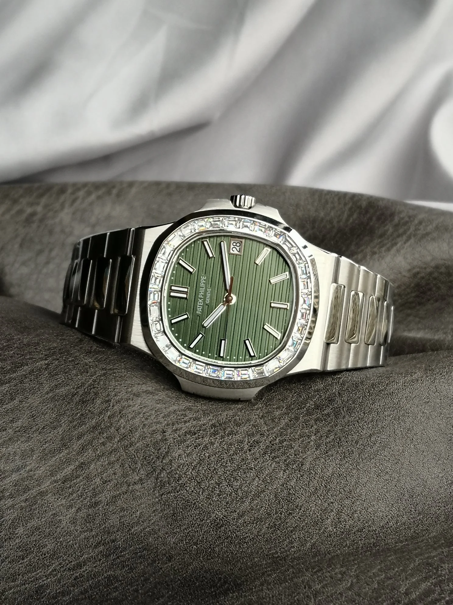 Patek Philippe Nautilus Green Dial Diamond-Set 40mm — photographed off the sweep