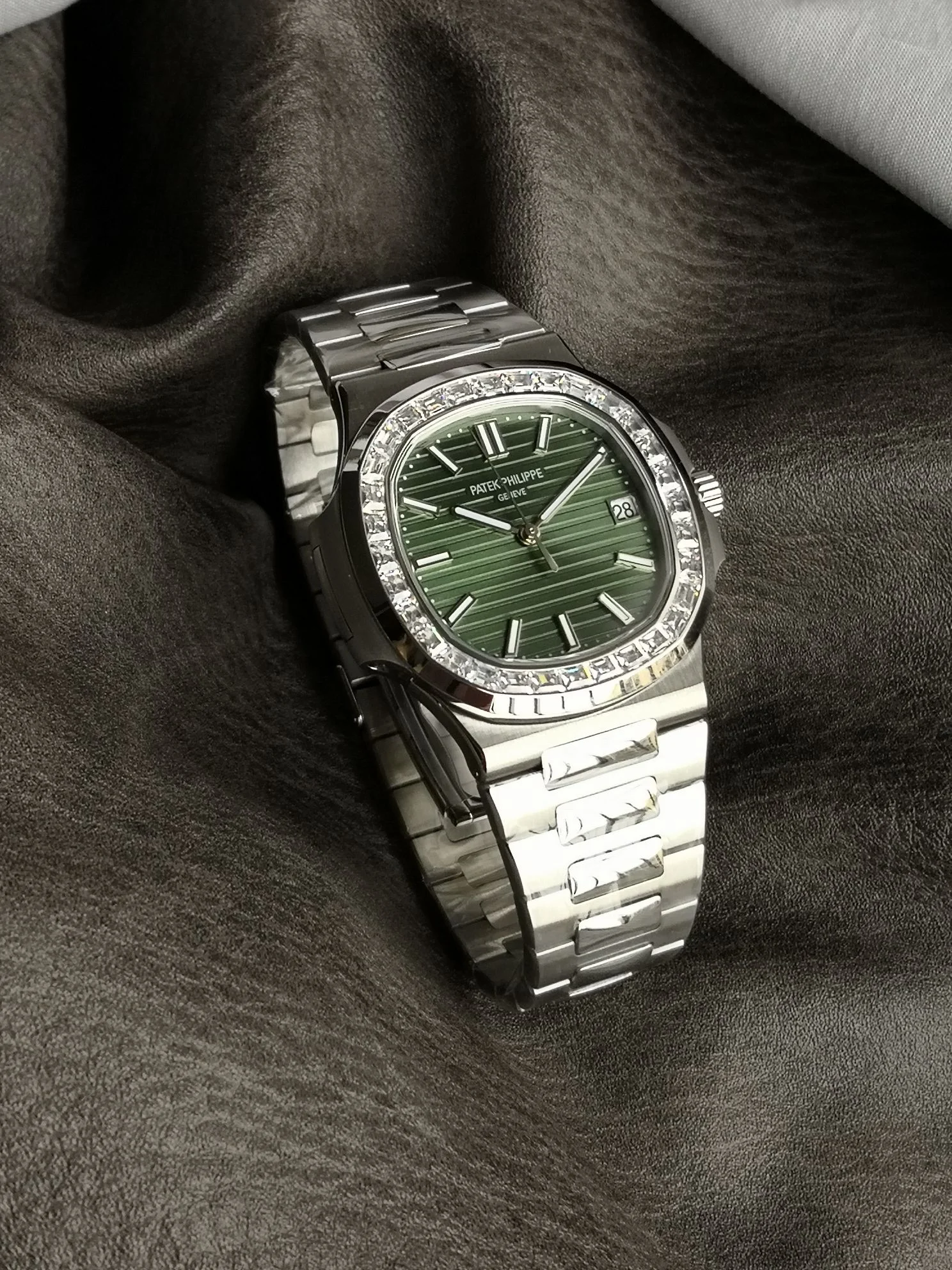 Patek Philippe Nautilus Green Dial Diamond-Set 40mm — photographed off the sweep