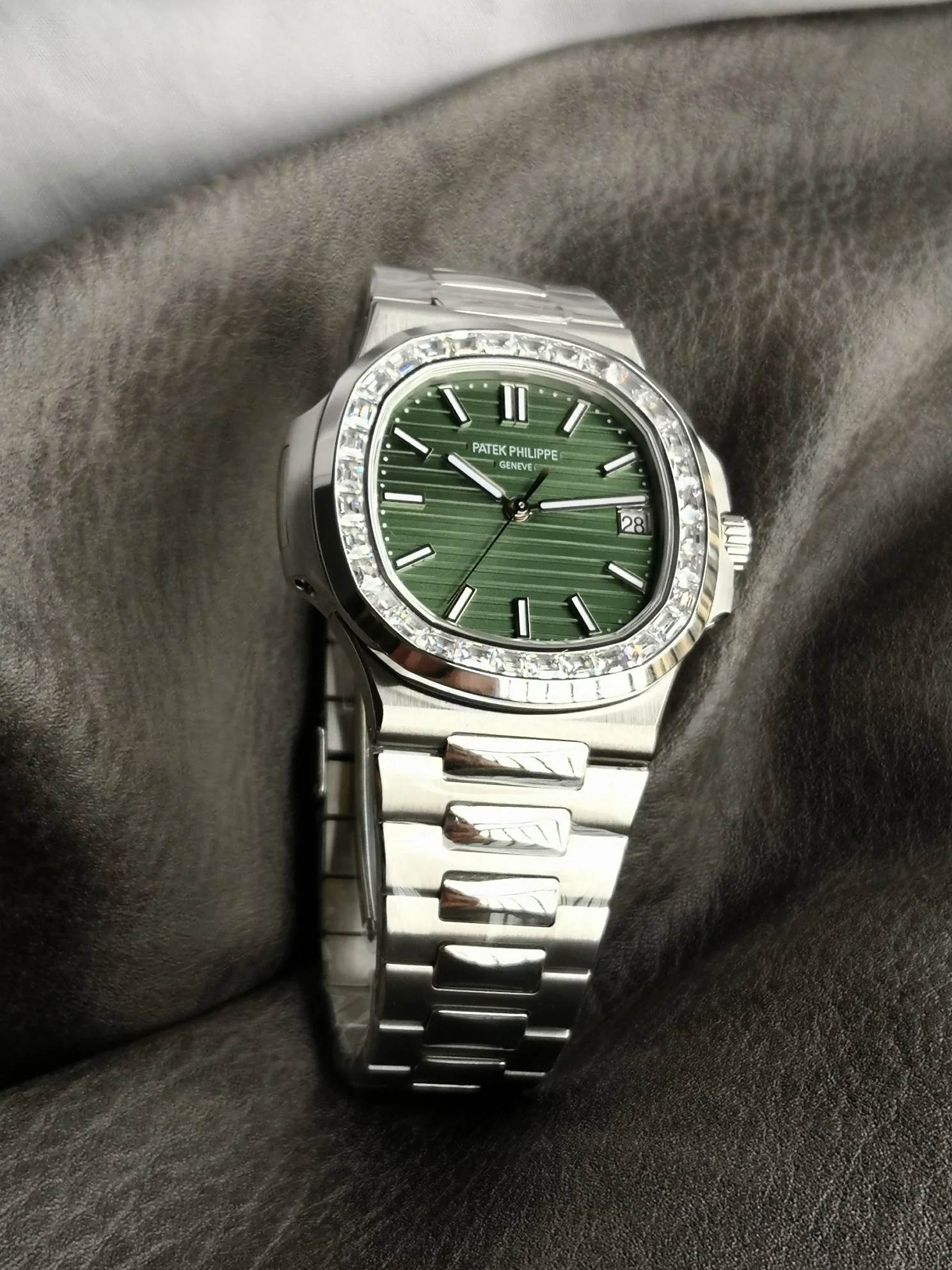Patek Philippe Nautilus Green Dial Diamond-Set 40mm — photographed off the sweep