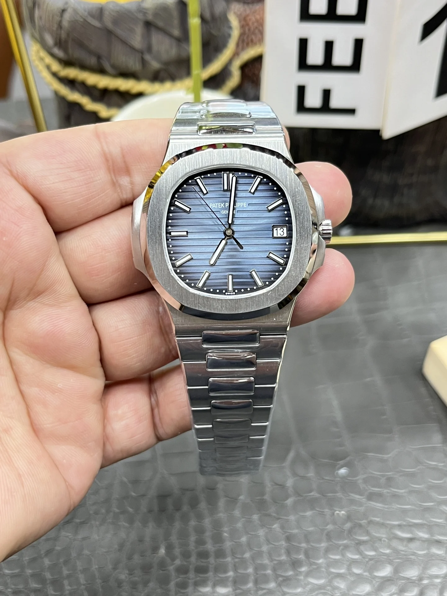 Patek Philippe Nautilus Platinum 41mm — photographed off the sweep