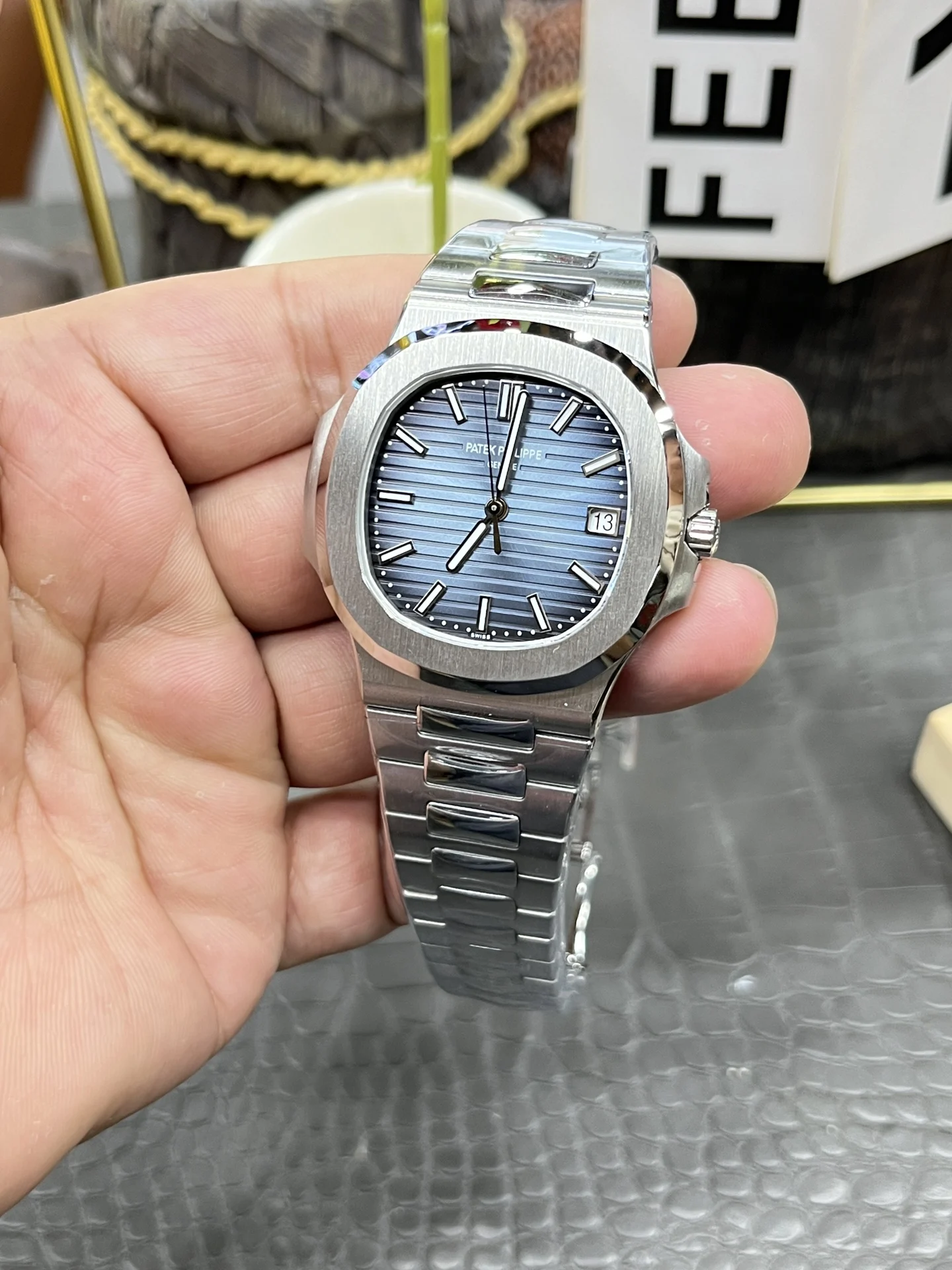 Patek Philippe Nautilus Platinum 41mm — photographed off the sweep