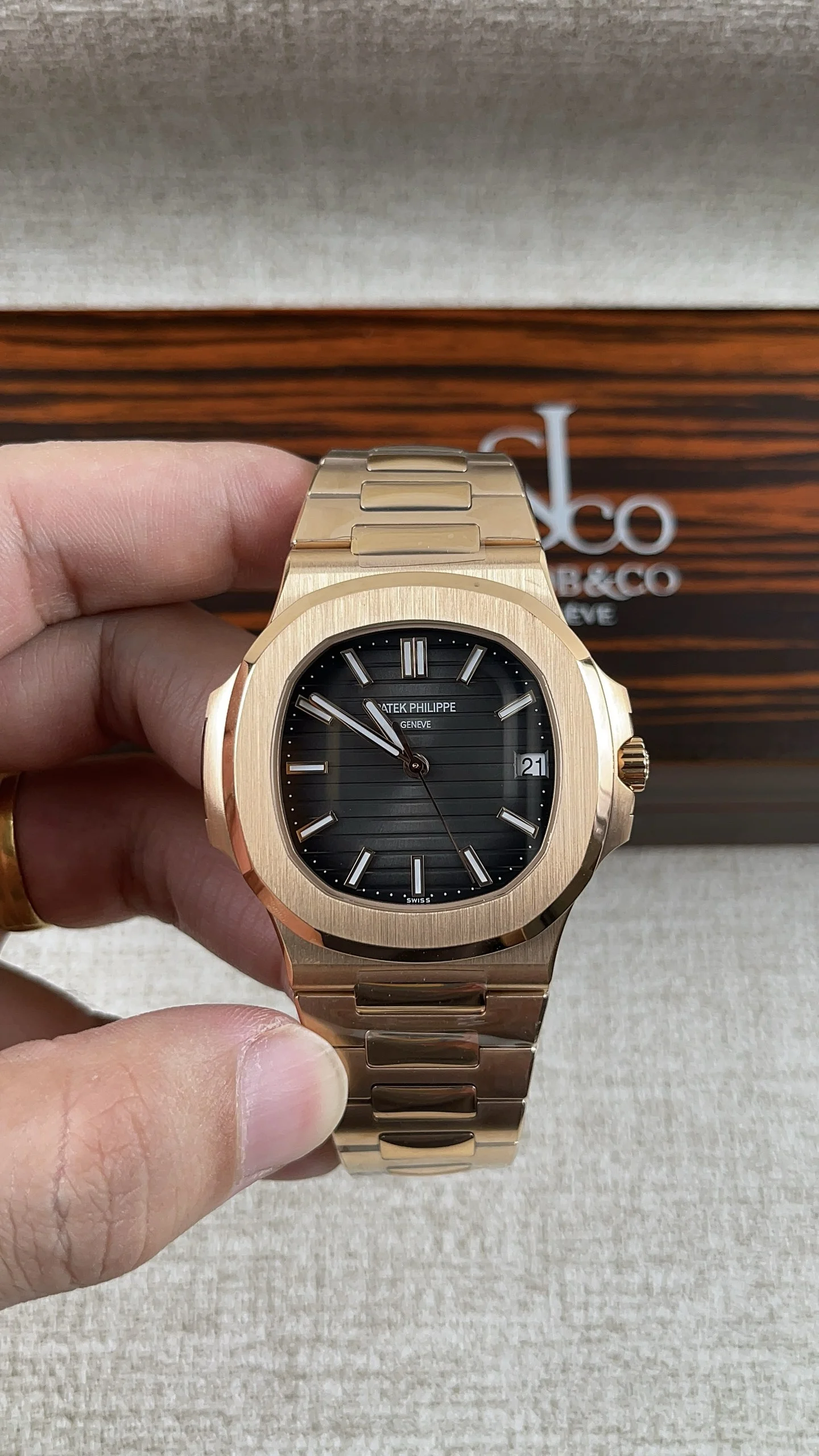 Patek Philippe Nautilus Rose Gold Grey Dial — photographed off the sweep