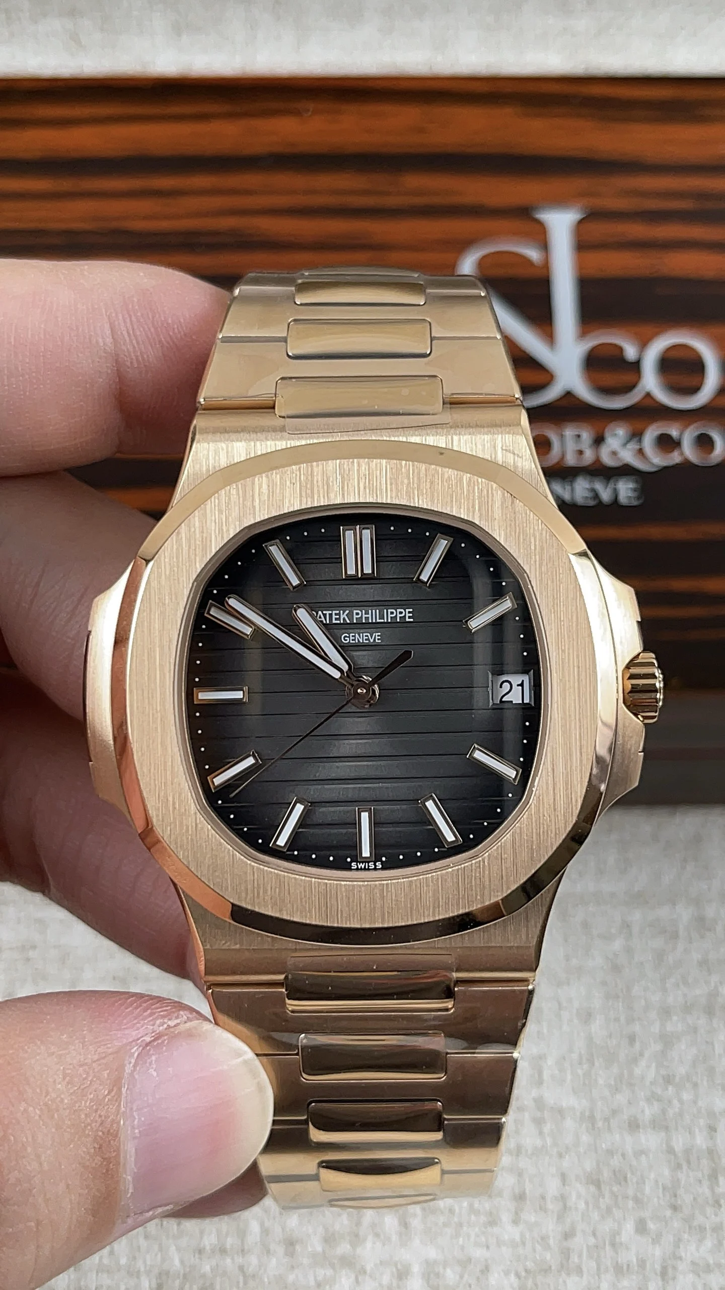Patek Philippe Nautilus Rose Gold Grey Dial — photographed off the sweep