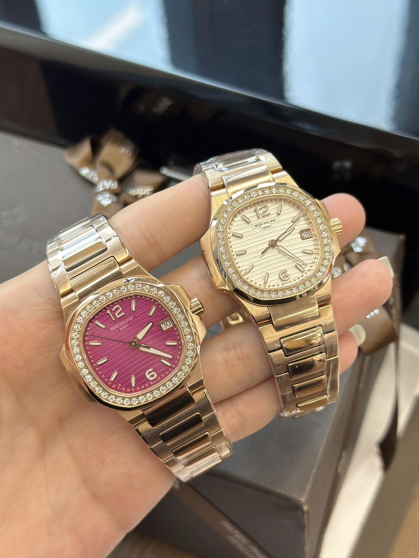 Patek Philippe Nautilus Rose Gold White Dial 7010 — photographed off the sweep
