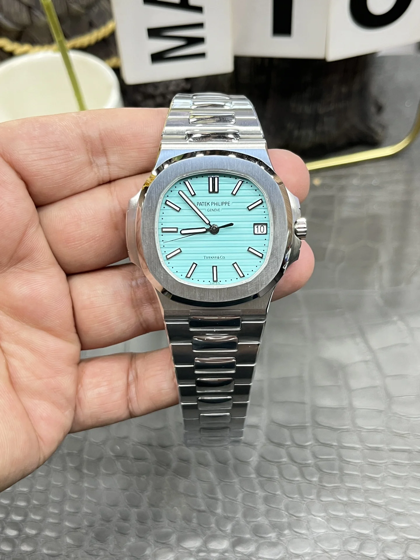 Patek Philippe Nautilus Tiffany 5711 — photographed off the sweep