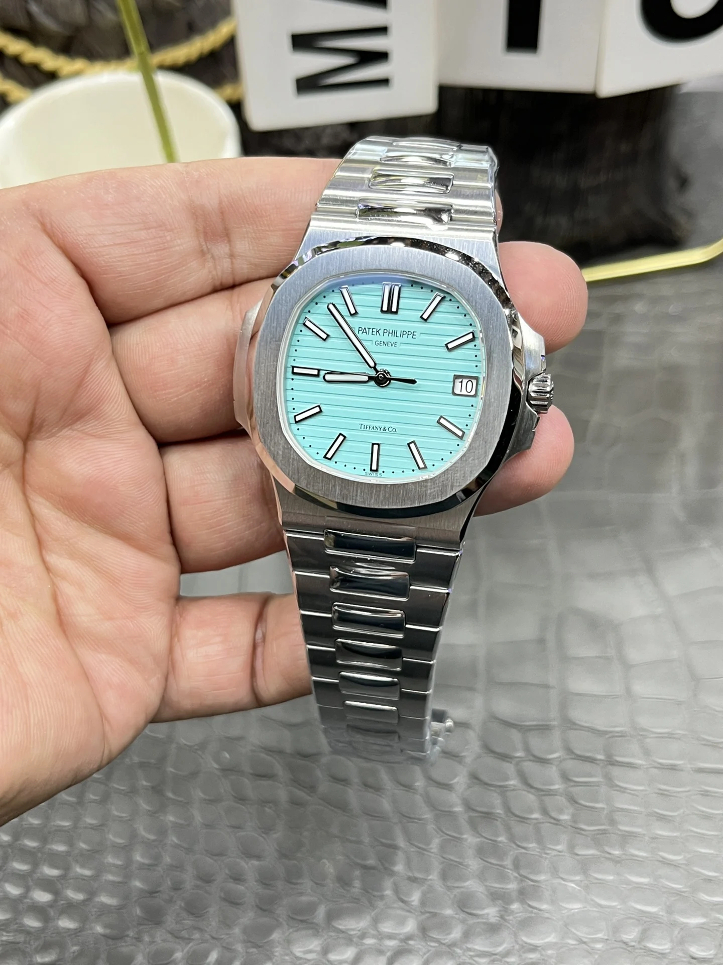 Patek Philippe Nautilus Tiffany 5711 — photographed off the sweep