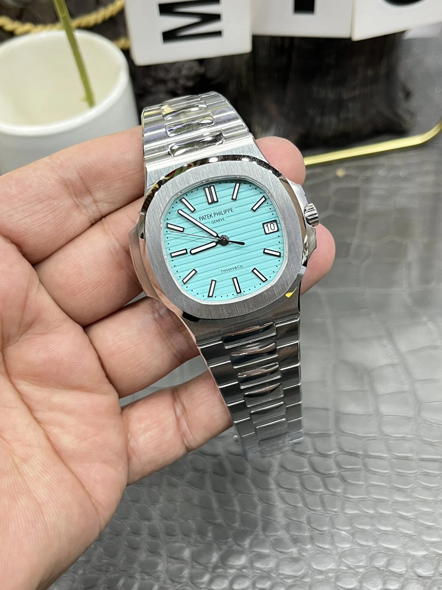 Patek Philippe Nautilus Tiffany 5711 — photographed off the sweep