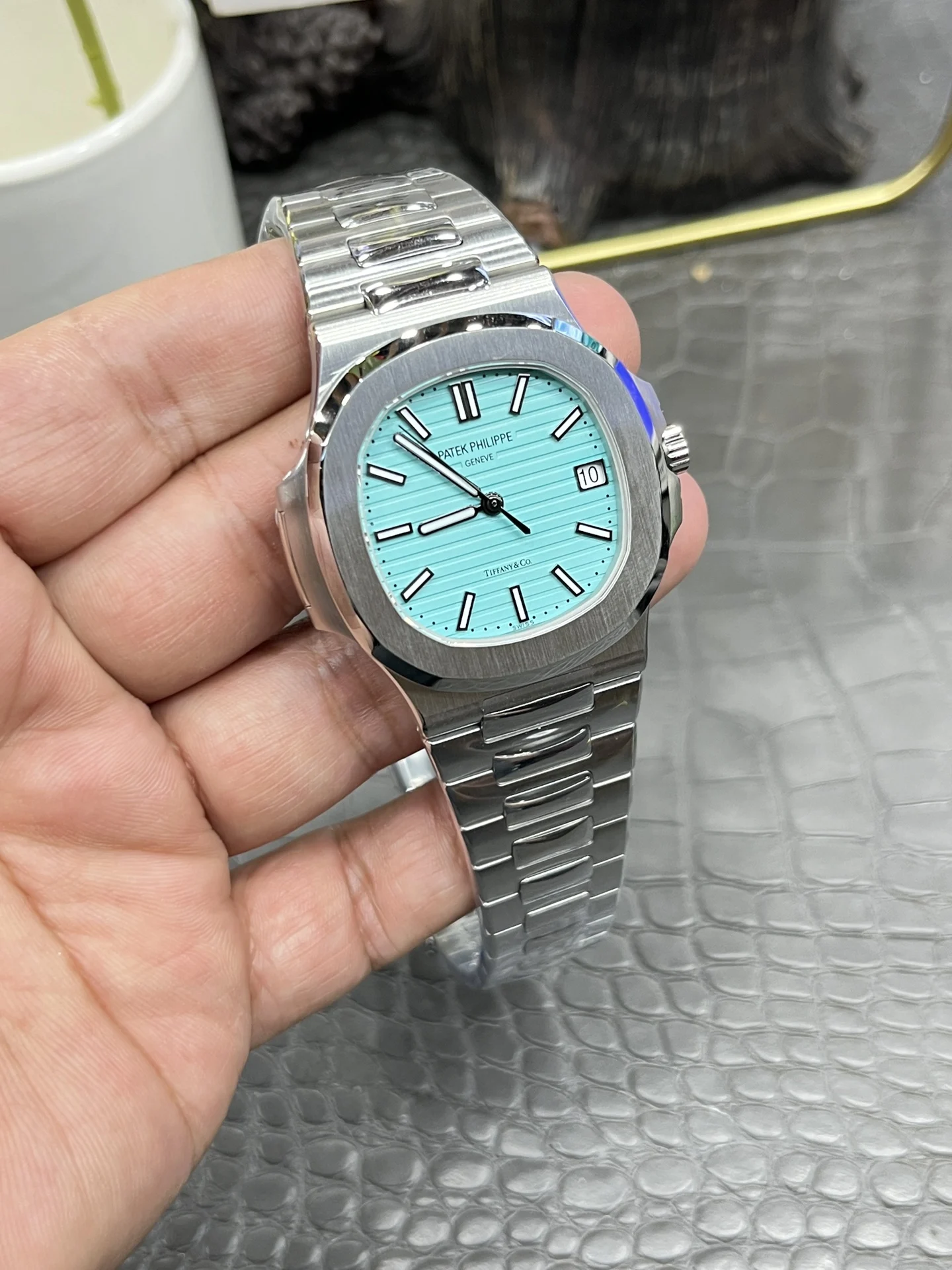 Patek Philippe Nautilus Tiffany 5711 — photographed off the sweep
