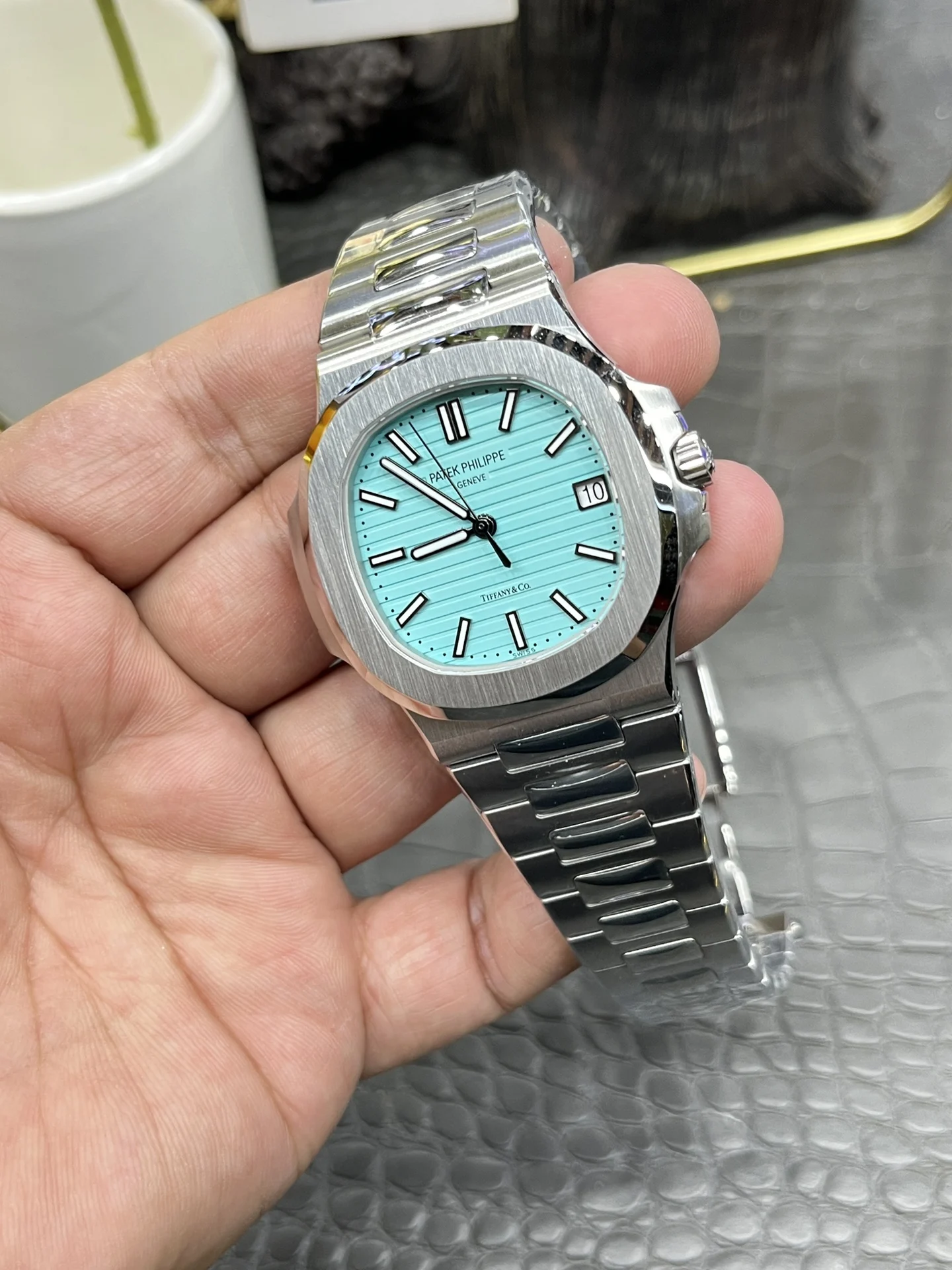 Patek Philippe Nautilus Tiffany 5711 — photographed off the sweep