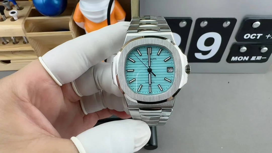 Patek Philippe Nautilus Tiffany Blue Dial 5711 — photographed off the sweep