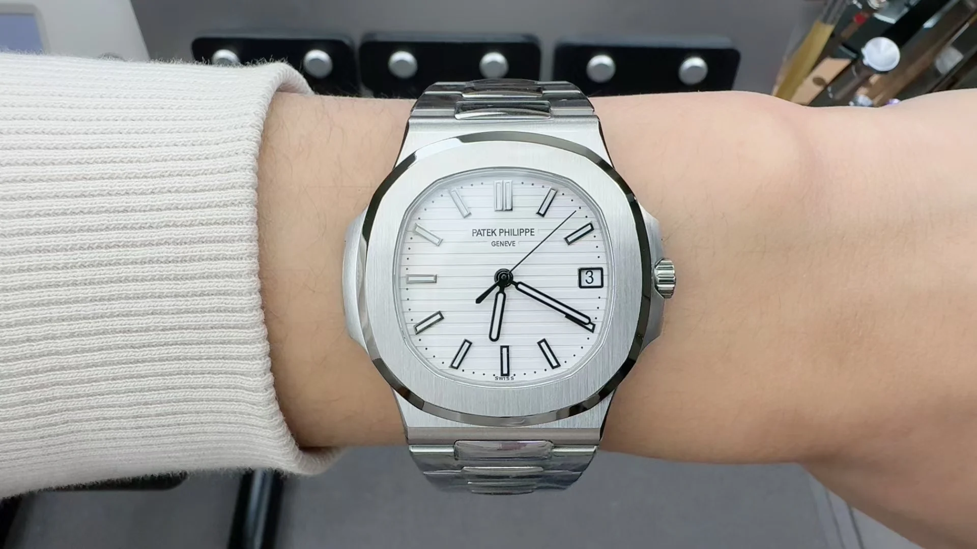 Patek Philippe Nautilus White Dial — photographed off the sweep