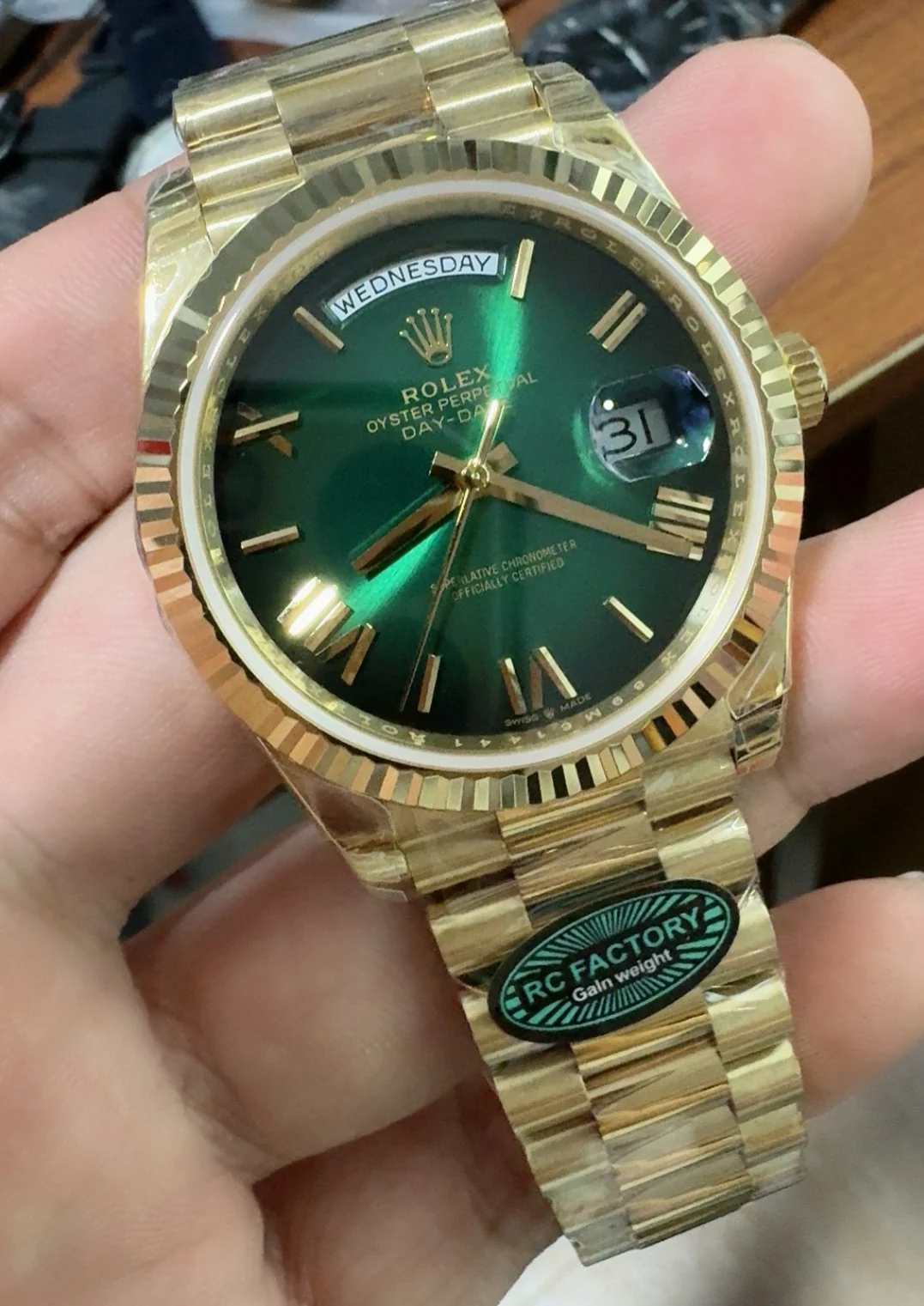 RCF, 40mm, smoked green, 3255 — photographed off the sweep