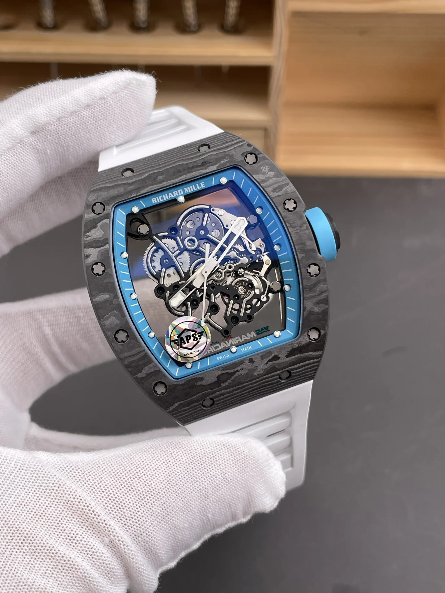 Richard Mille RM Blue Dial RM 055 49.9 × 42.07mm — photographed off the sweep