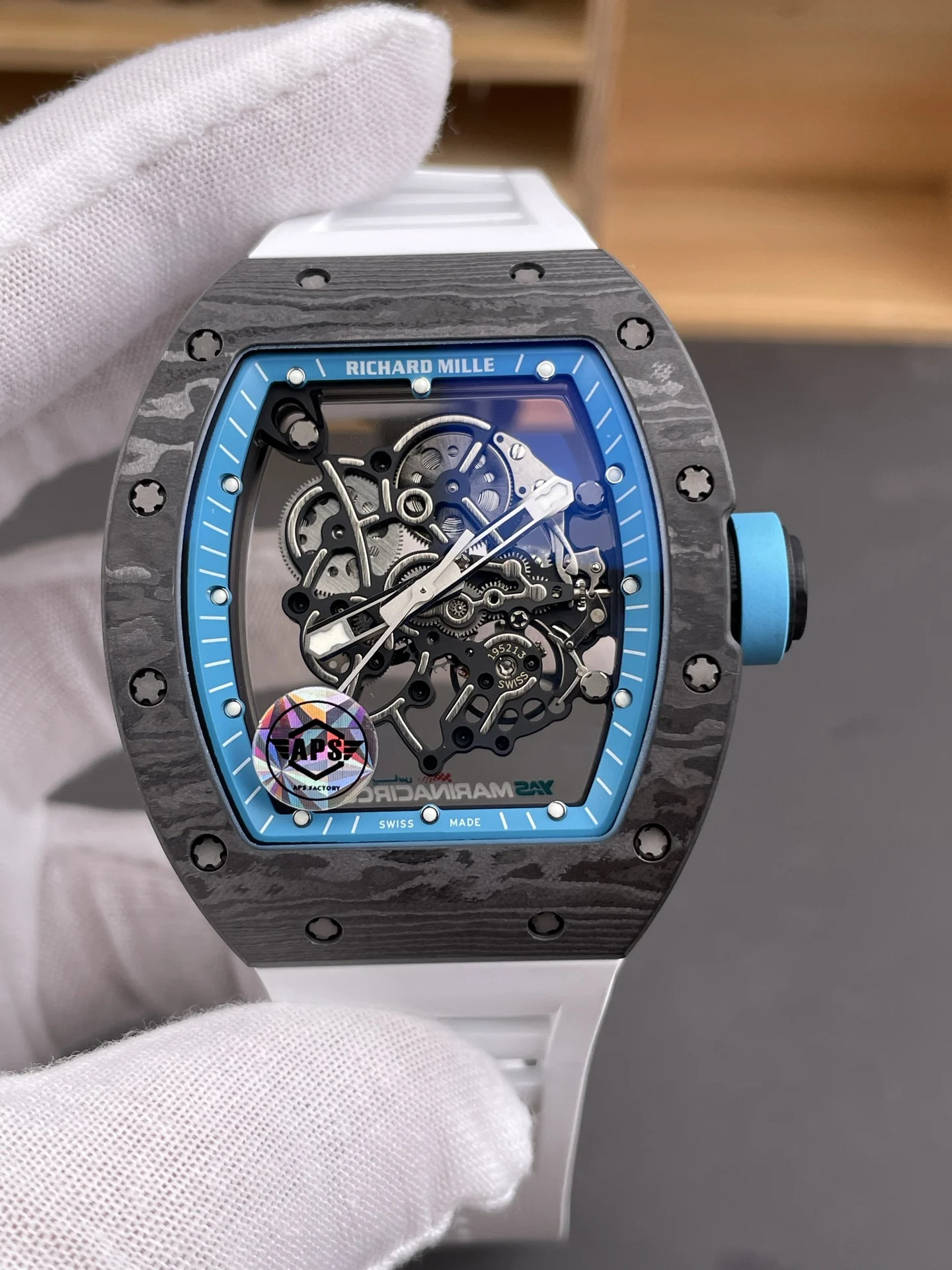 Richard Mille RM Blue Dial RM 055 49.9 × 42.07mm — photographed off the sweep