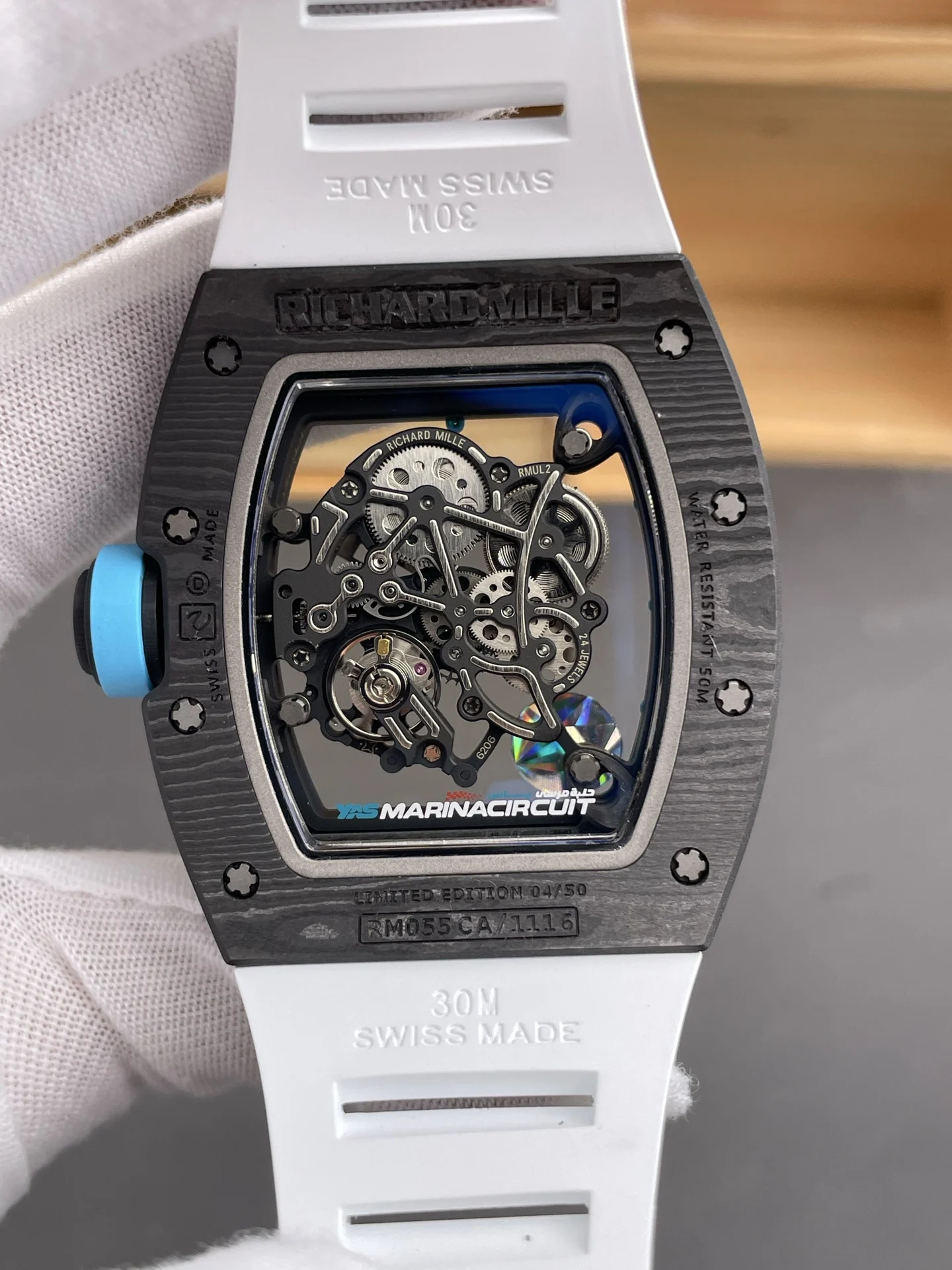 Richard Mille RM Blue Dial RM 055 49.9 × 42.07mm — photographed off the sweep