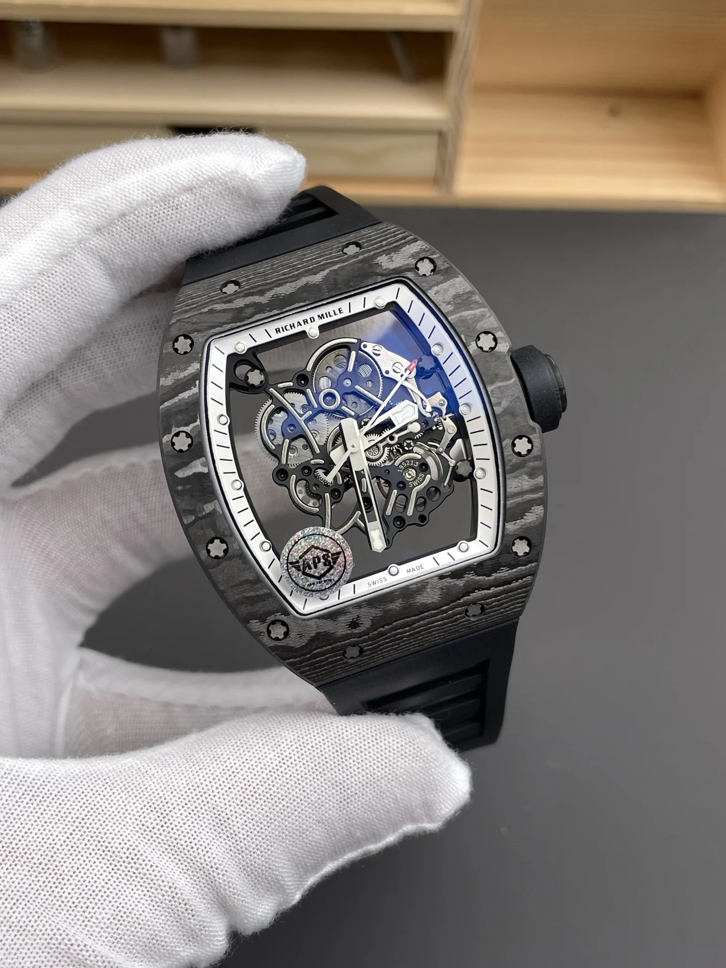 Richard Mille RM Carbon Black Dial RM 055 49.9 × 42.7mm — photographed off the sweep