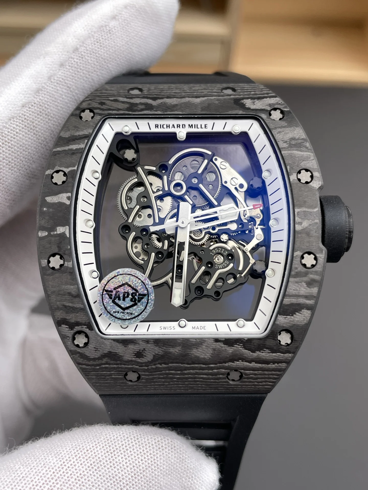Richard Mille RM Carbon Black Dial RM 055 49.9 × 42.7mm — photographed off the sweep