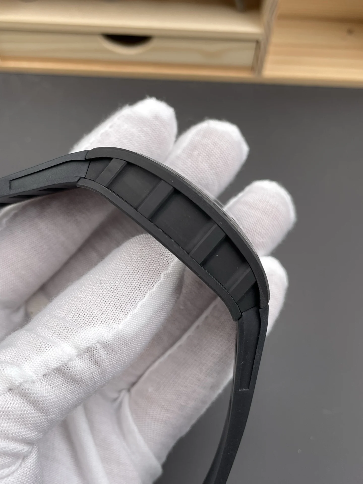 Richard Mille RM Carbon Black Dial RM 055 49.9 × 42.7mm — photographed off the sweep