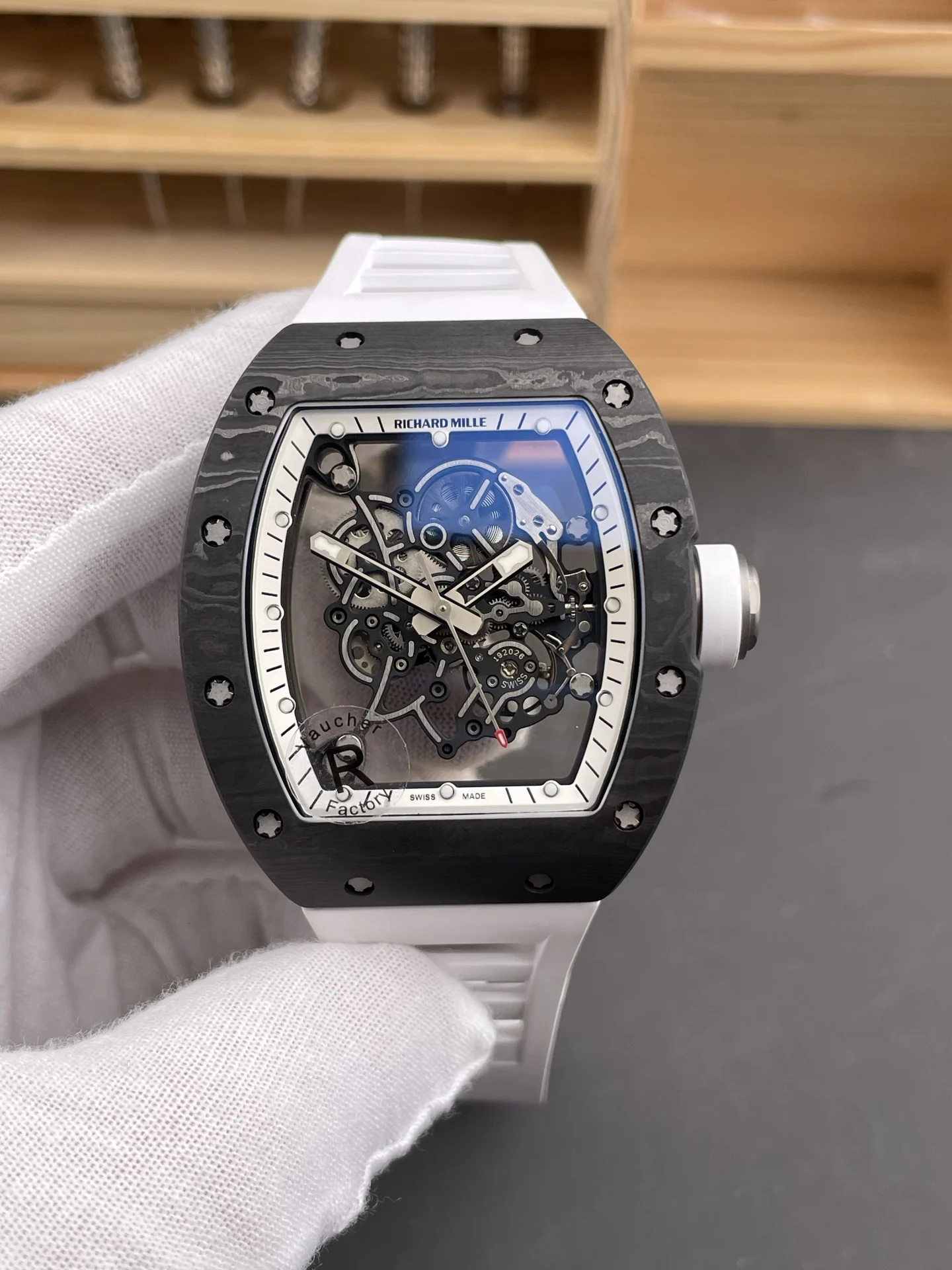 Richard Mille RM Carbon Black Dial RM 055 49.9 × 42.7mm — photographed off the sweep