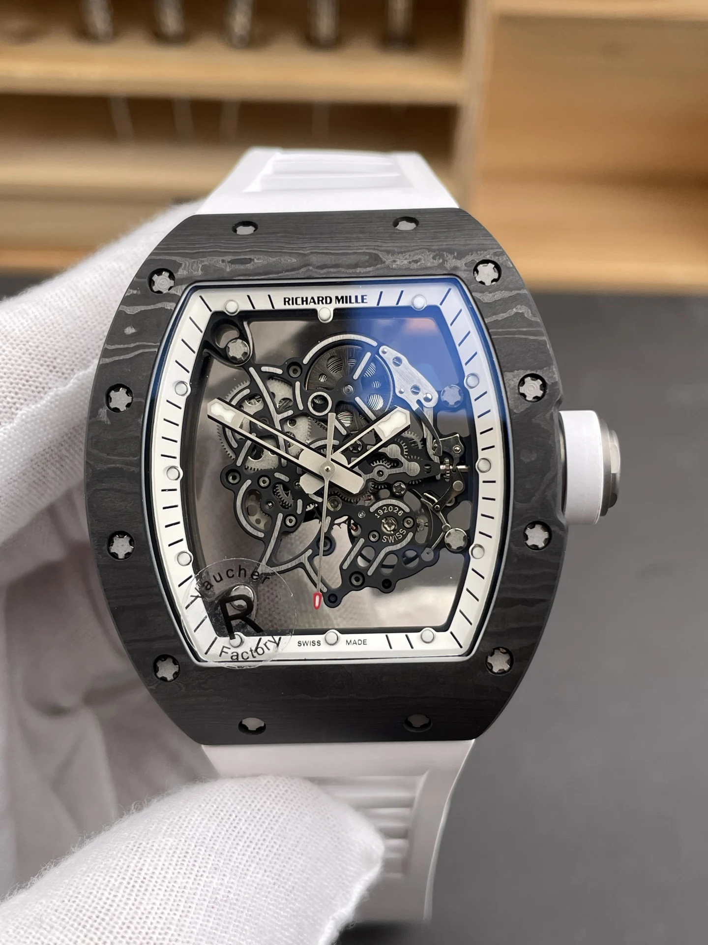Richard Mille RM Carbon Black Dial RM 055 49.9 × 42.7mm — photographed off the sweep
